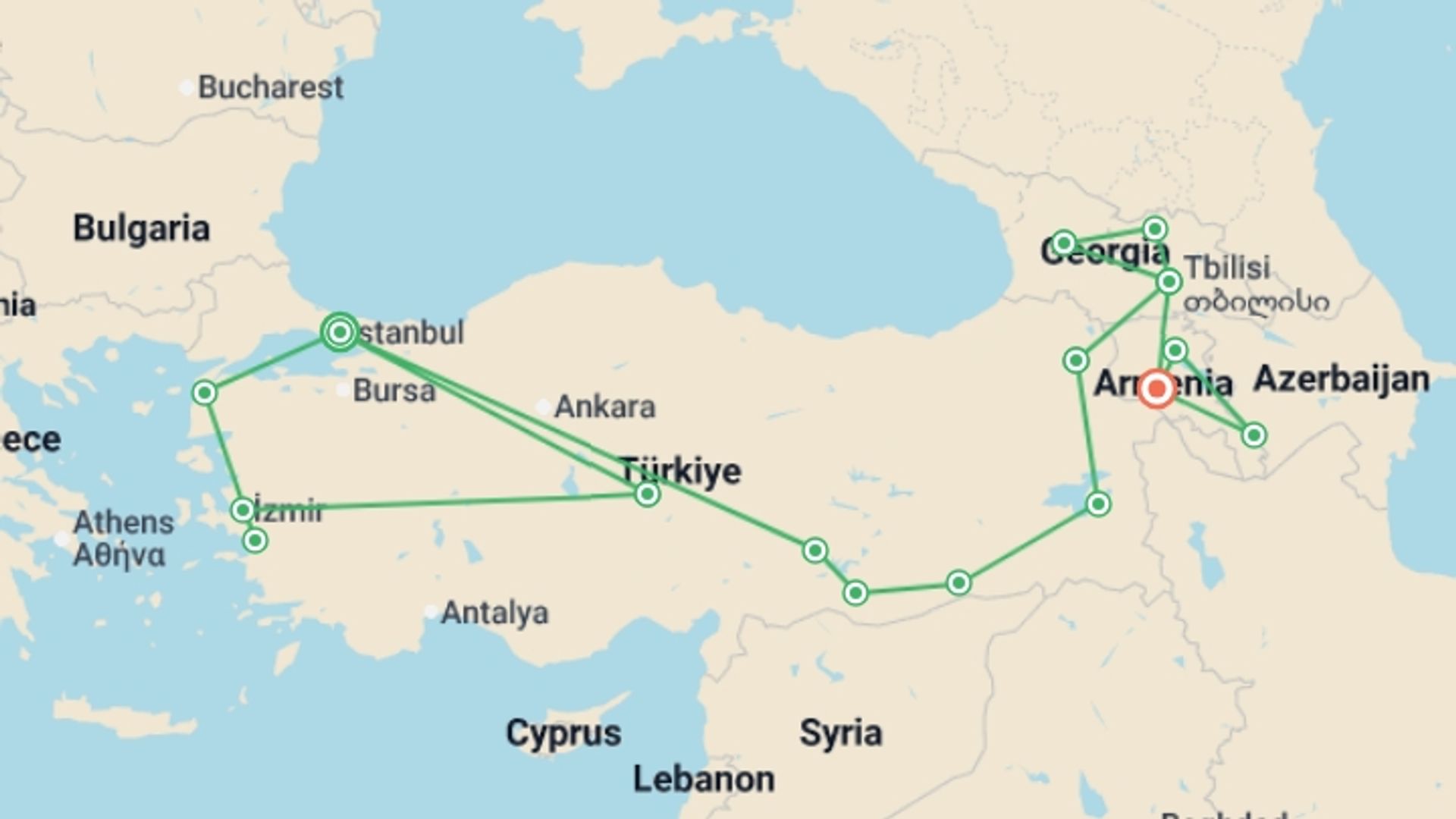 A map showing the tour itinerary for the trip: Turkey, Georgia & Armenia Encompassed, starting in Istanbul, Turkey and ending in Yerevan, Armenia going through 10 other destinations.