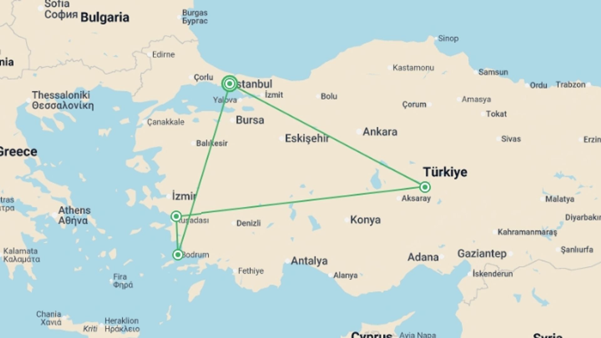A map showing the tour itinerary for the trip: Turkey: Iconic Istanbul, Aegean Coast to Cappadocia, starting in Istanbul, Turkey and ending in Istanbul, Turkey going through 4 other destinations.