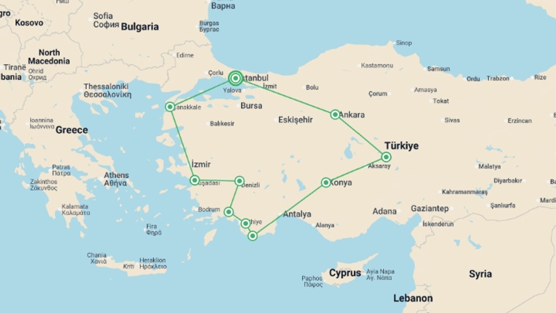 A map showing the tour itinerary for the trip: Turkey in Depth, starting in Istanbul, Turkey and ending in Istanbul, Turkey going through 9 other destinations.