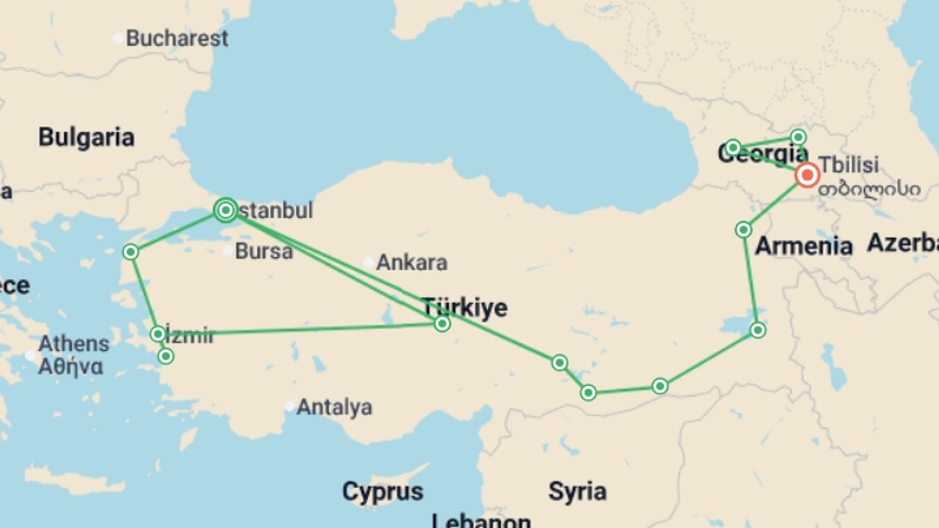 A map showing the tour itinerary for the trip: Turkey to Georgia Highlights, starting in Istanbul, Turkey and ending in Tbilisi, Georgia going through 9 other destinations.