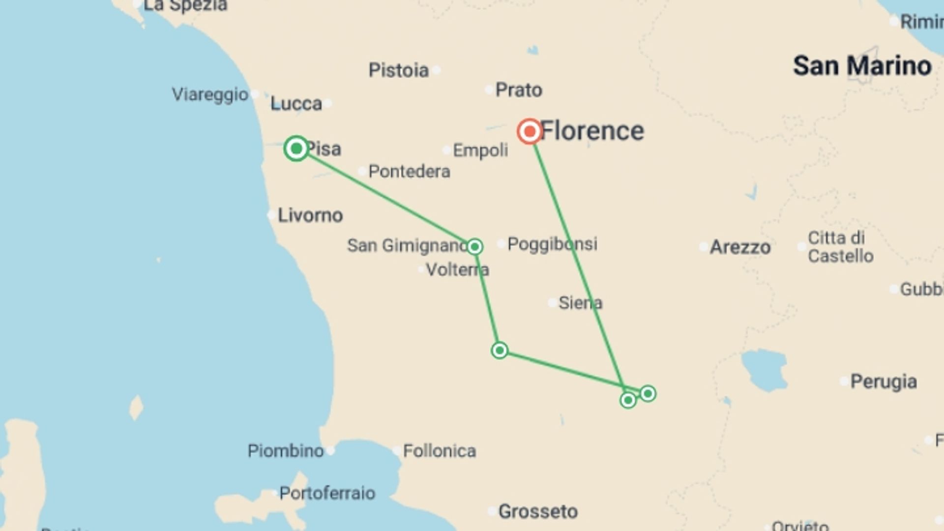 A map showing the tour itinerary for the trip: Tuscany Walking and Wine, starting in Pisa, Italy and ending in Florence, Italy going through 5 other destinations.