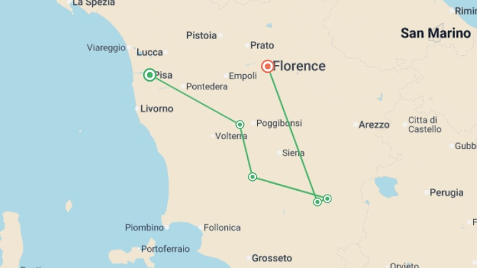 A map showing the tour itinerary for the trip: Tuscany Walking and Wine, starting in Pisa, Italy and ending in Florence, Italy going through 5 other destinations.