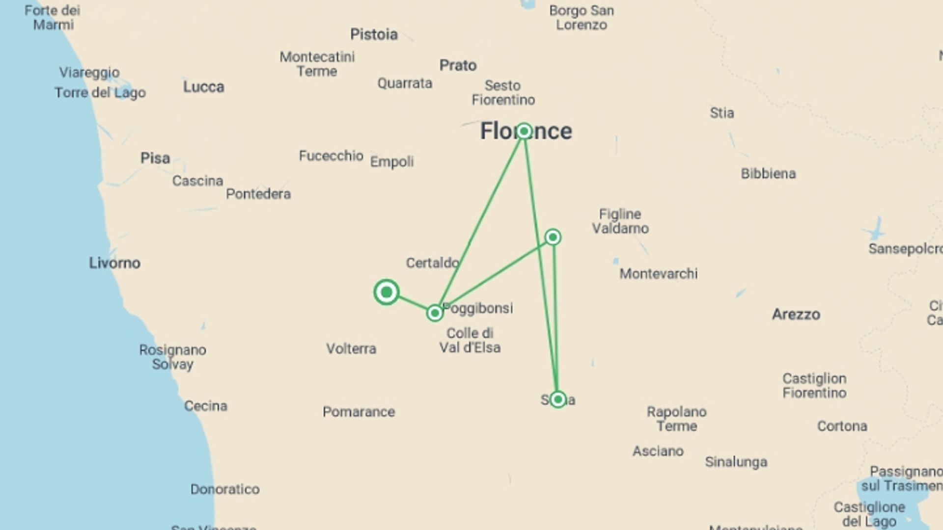 A map showing the tour itinerary for the trip: Tuscany Walks & Chianti Wines, starting in Siena, Italy and ending in Siena, Italy going through 4 other destinations.