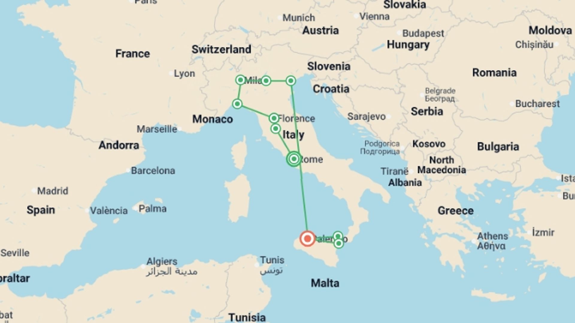 A map showing the tour itinerary for the trip: Tutta Italia and Sicily with Aeolian Islands, starting in Rome, Italy and ending in Palermo, Italy going through 10 other destinations.
