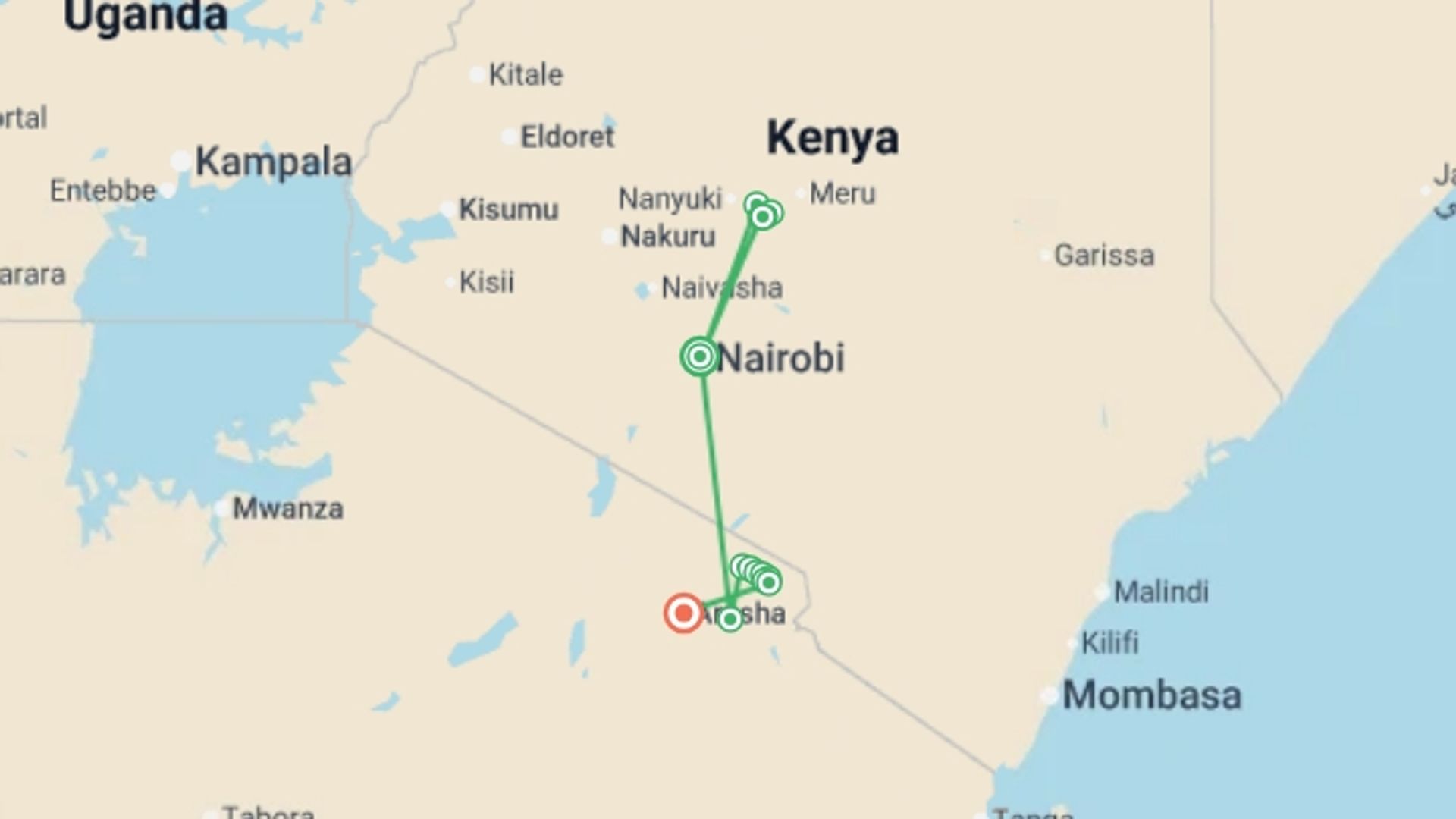 A map showing the tour itinerary for the trip: Twin Peaks of Africa, starting in Nairobi, Kenya and ending in Arusha, Tanzania going through 2 other destinations.