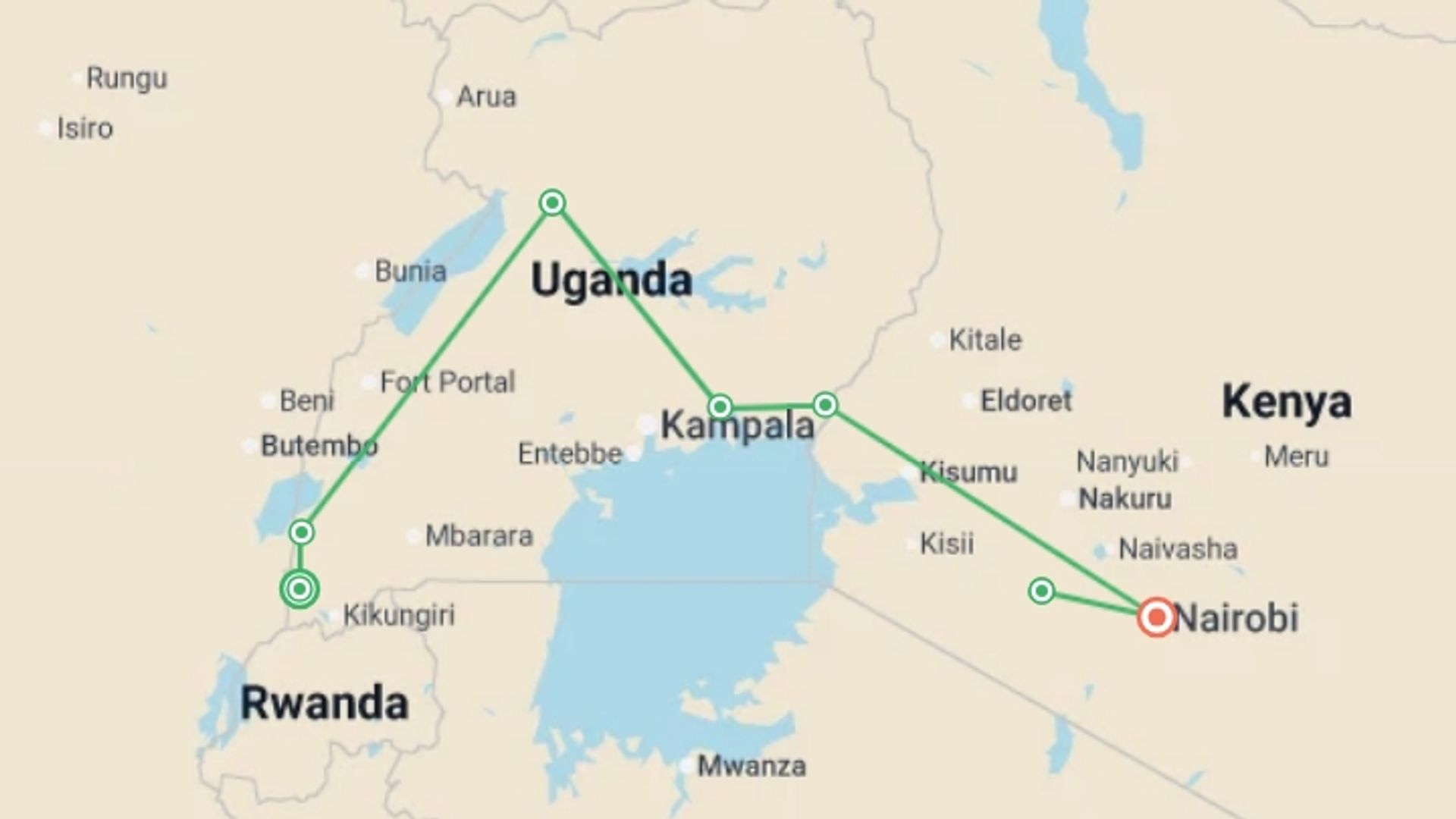 A map showing the tour itinerary for the trip: Uganda & Maasai Mara 35 to 45, starting in Entebbe, Uganda and ending in Nairobi, Kenya going through 6 other destinations.