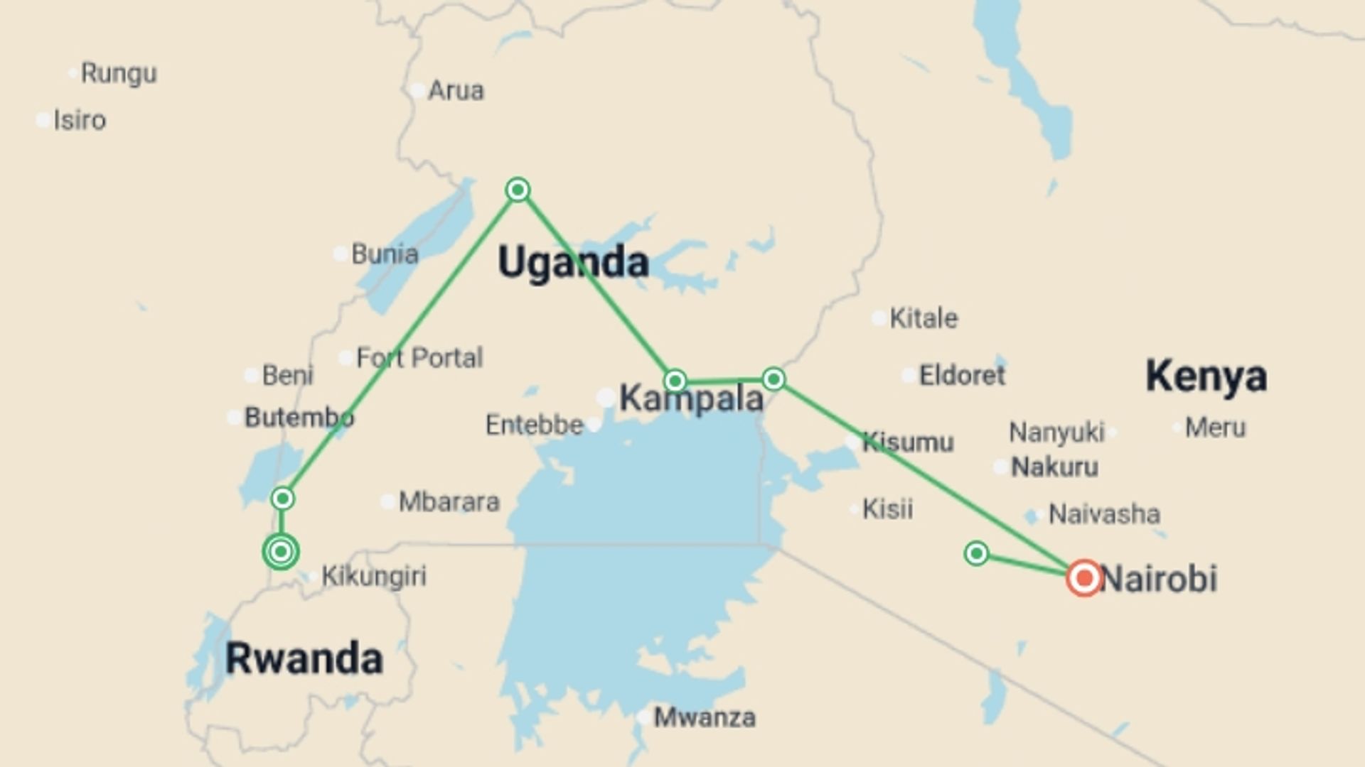 A map showing the tour itinerary for the trip: Uganda & Maasai Mara 35 to 45, starting in Entebbe, Uganda and ending in Nairobi, Kenya going through 6 other destinations.