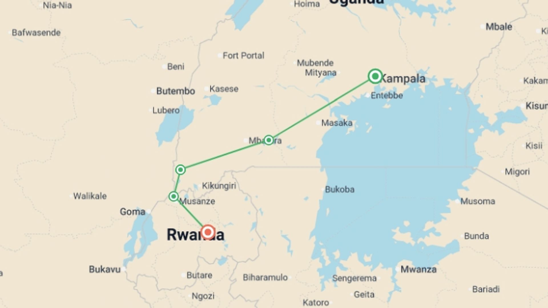 A map showing the tour itinerary for the trip: Uganda and Rwanda Gorilla Discovery, starting in Kampala, Uganda and ending in Kigali, Rwanda going through 3 other destinations.