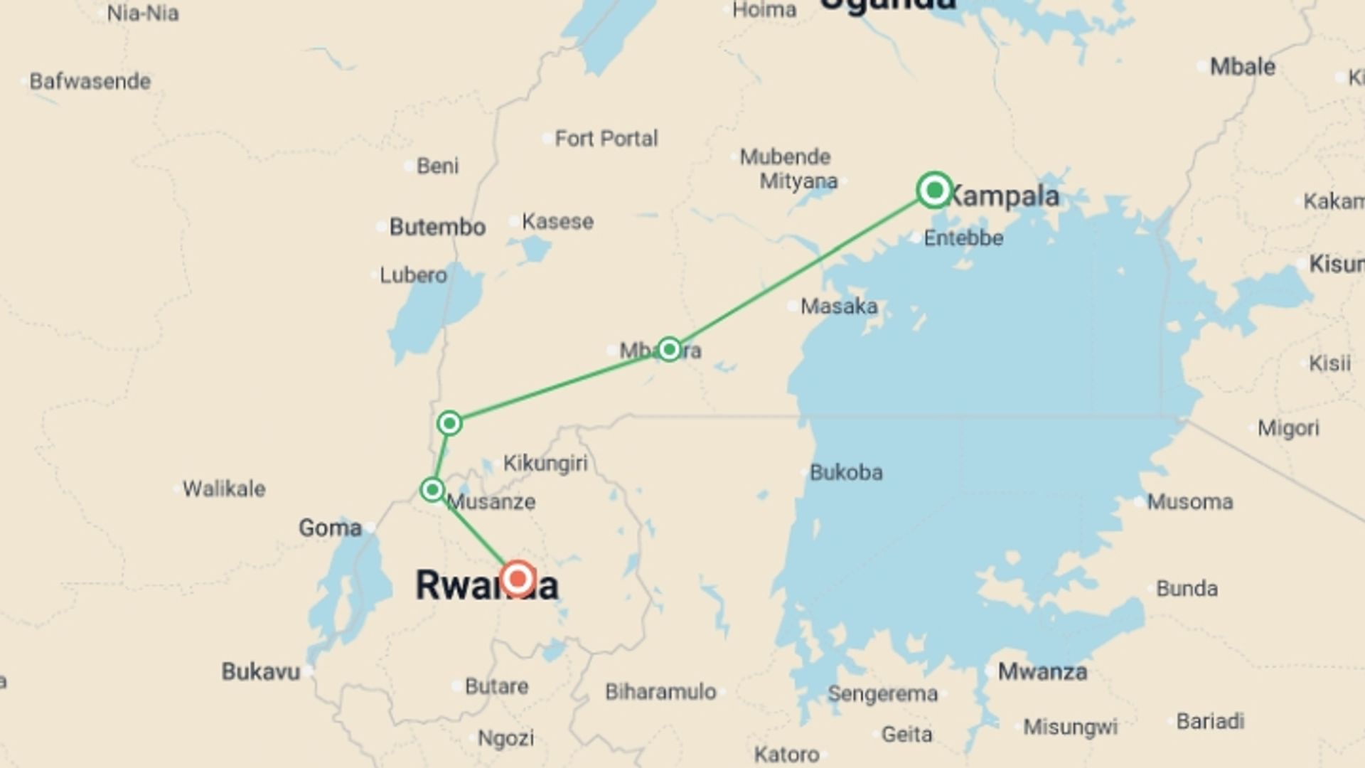A map showing the tour itinerary for the trip: Uganda and Rwanda Gorilla Discovery, starting in Kampala, Uganda and ending in Kigali, Rwanda going through 3 other destinations.
