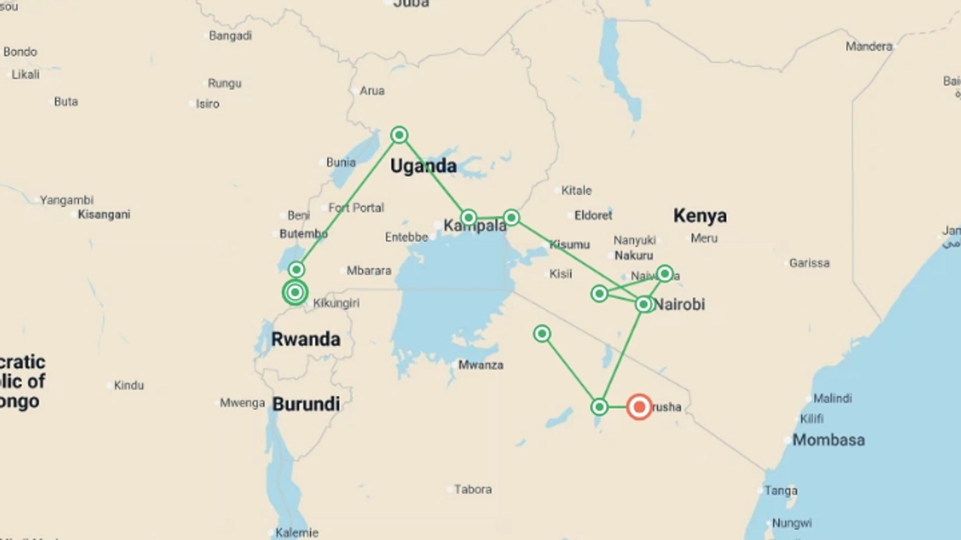 A map showing the tour itinerary for the trip: Uganda, Kenya & Tanzania 35 to 45, starting in Entebbe, Uganda and ending in Arusha, Tanzania going through 7 other destinations.