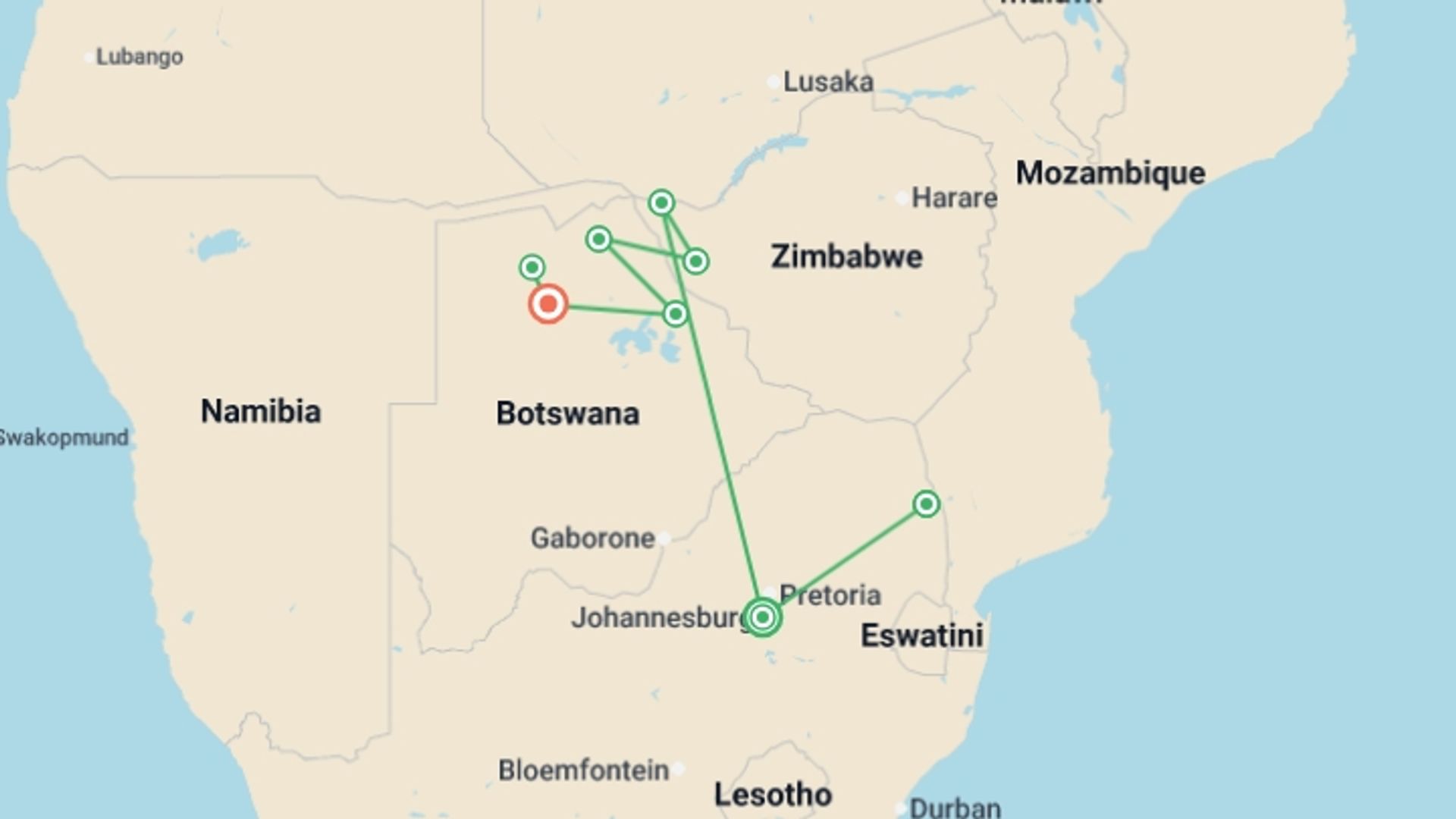 A map showing the tour itinerary for the trip: Ultimate African Safari: Kruger, Hwange, Chobe, & the Okavango Delta, starting in Johannesburg, South Africa and ending in Maun, Botswana going through 6 other destinations.