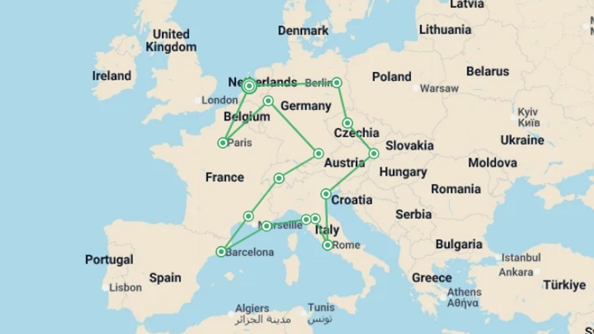 A map showing the tour itinerary for the trip: Ultimate Europe, starting in Amsterdam, Holland and ending in Amsterdam, Holland going through 14 other destinations.
