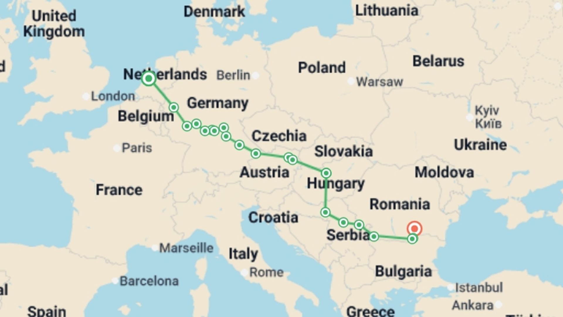 A map showing the tour itinerary for the trip: Ultimate European Journey (2028), starting in Amsterdam, Holland and ending in Bucharest, Romania going through 12 other destinations.