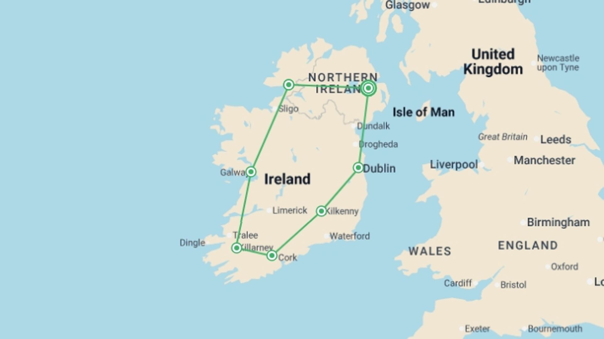 A map showing the tour itinerary for the trip: Ultimate Ireland, starting in Belfast, Ireland and ending in Shannon, Ireland going through 6 other destinations.