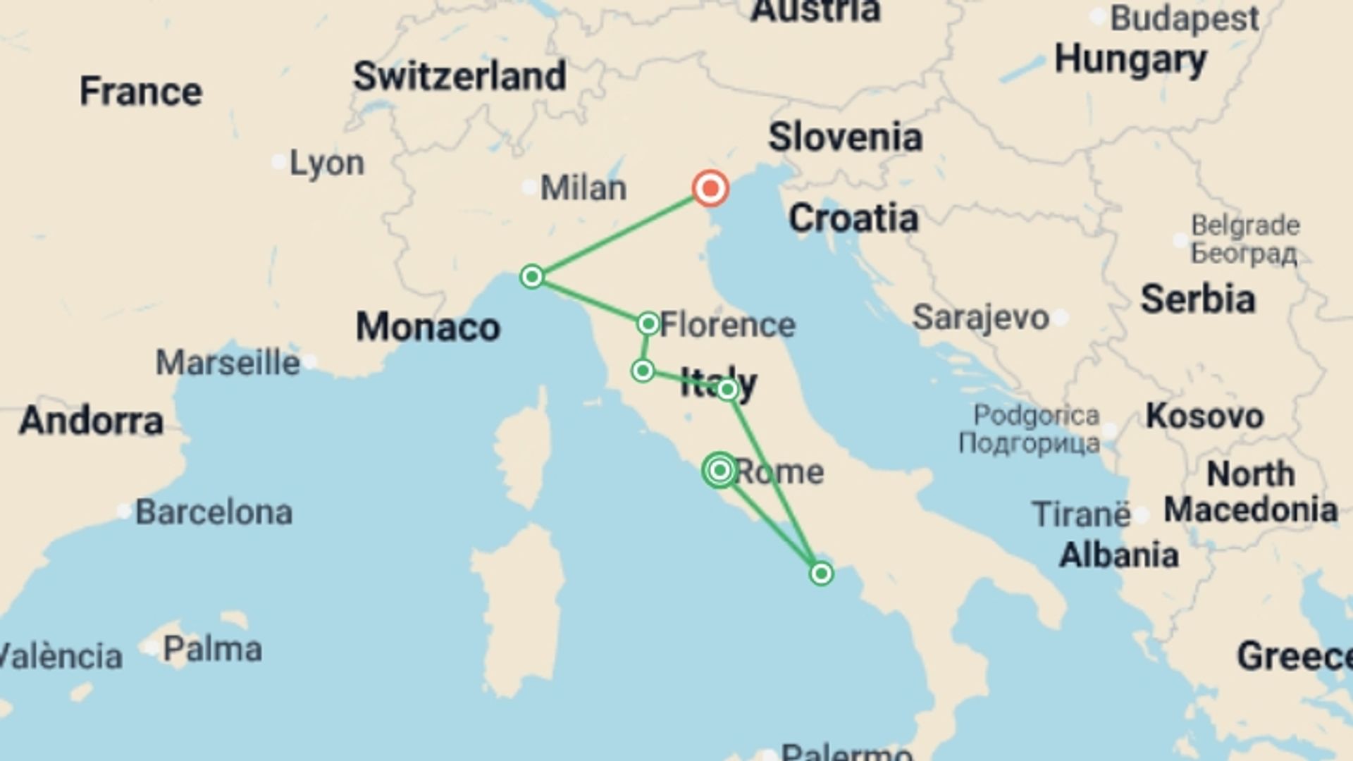 A map showing the tour itinerary for the trip: Ultimate Italy, starting in Rome, Italy and ending in Venice, Italy going through 4 other destinations.
