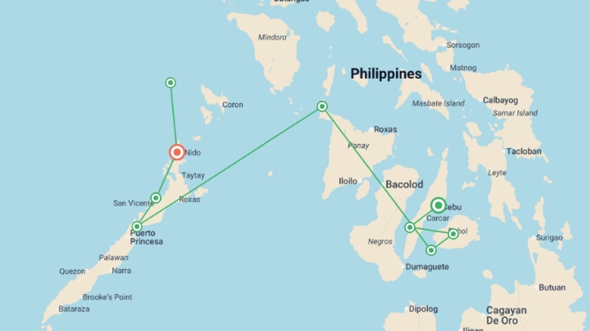 A map showing the tour itinerary for the trip: Ultimate Philippines Island Hopping, starting in Cebu, Philippines and ending in Coron, Philippines going through 3 other destinations.