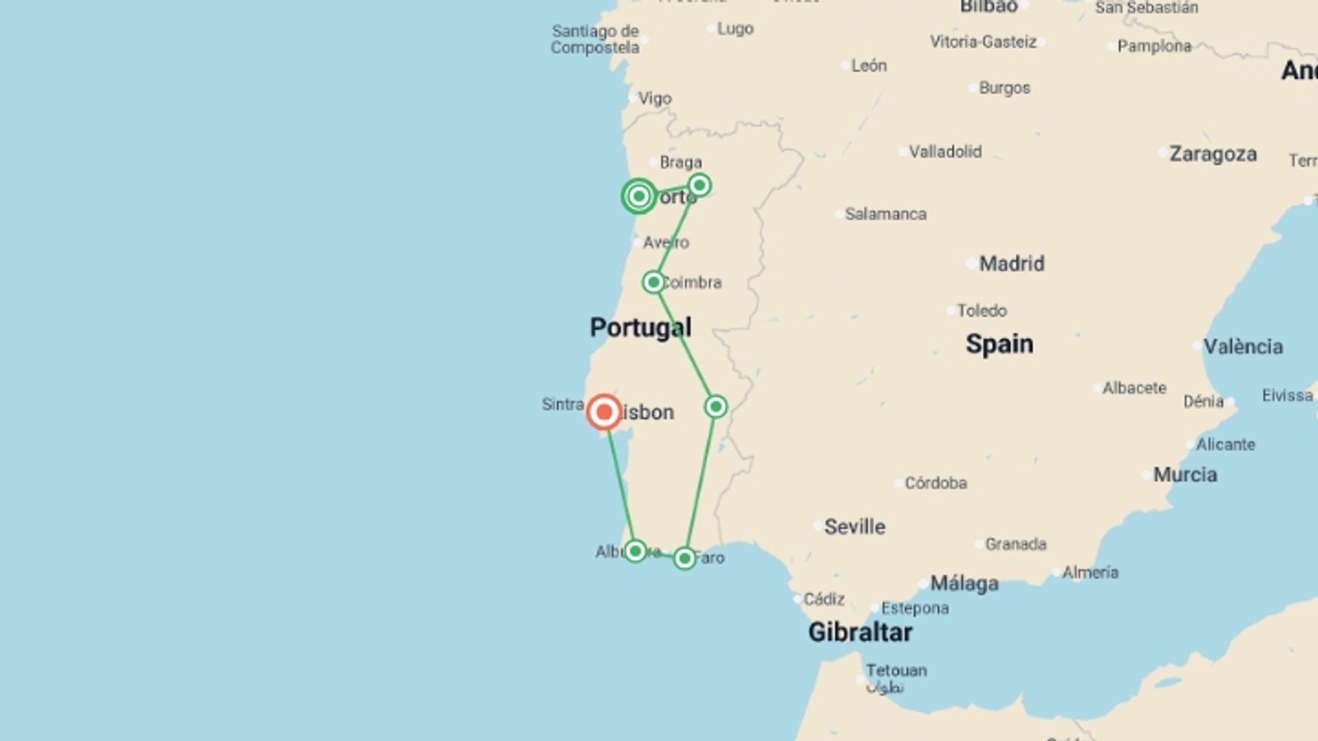 A map showing the tour itinerary for the trip: Ultimate Portugal, starting in Porto, Portugal and ending in Lisbon, Portugal going through 5 other destinations.