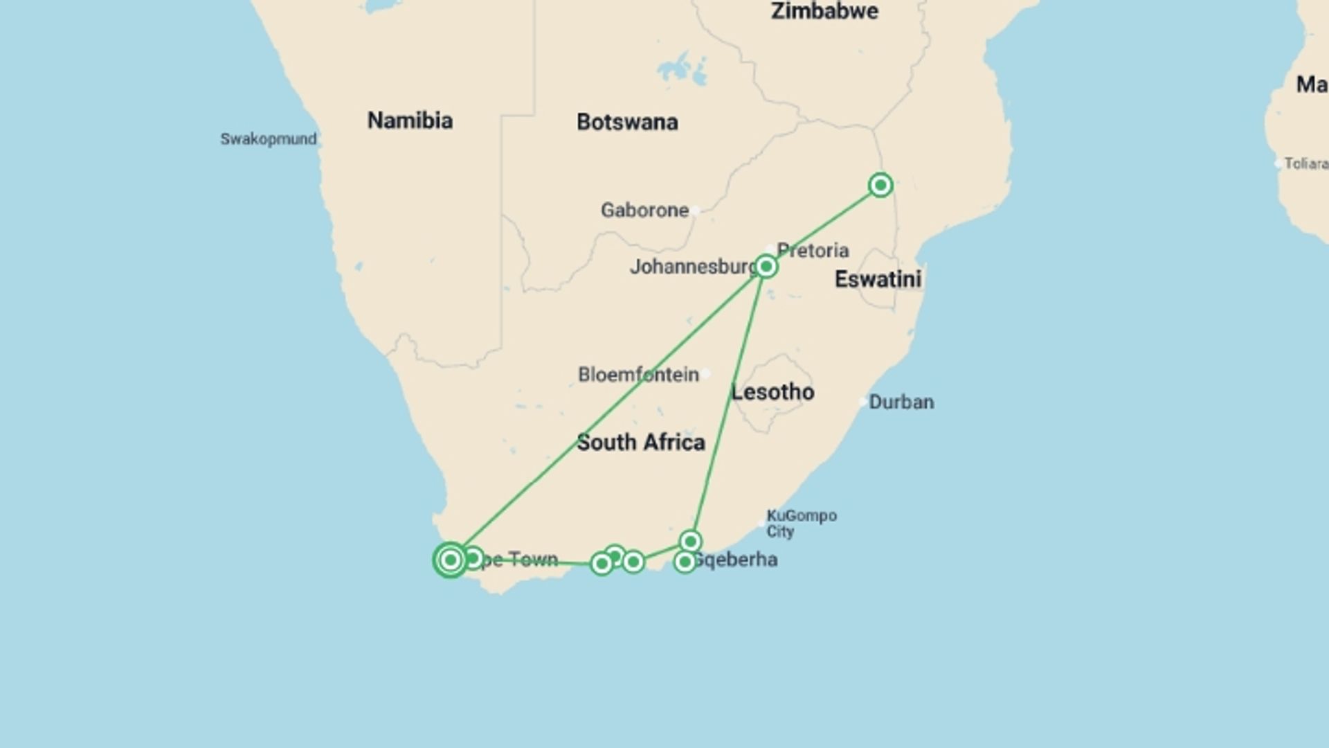 A map showing the tour itinerary for the trip: Ultimate South Africa, starting in Cape Town, South Africa and ending in Cape Town, South Africa going through 8 other destinations.