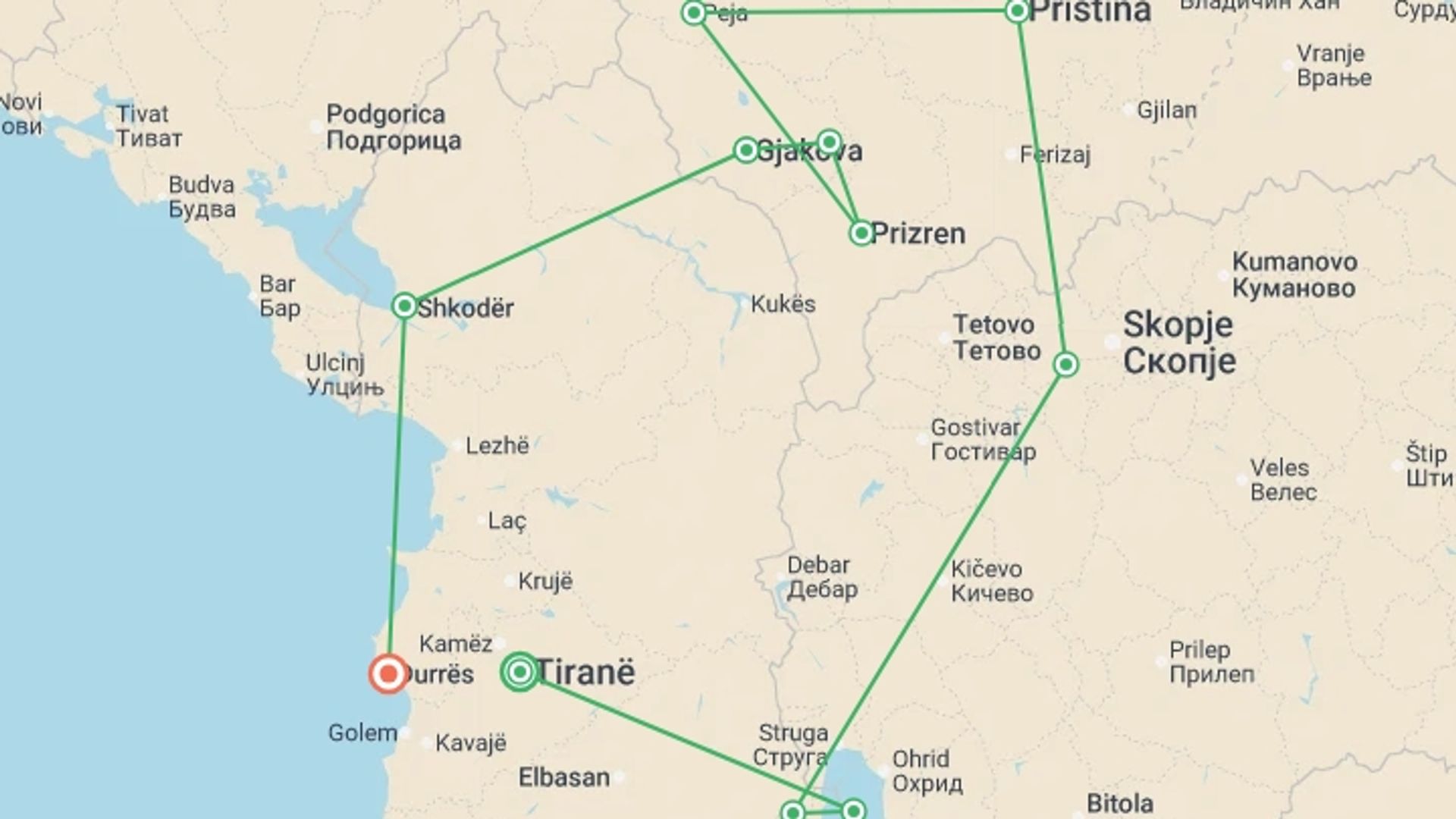 A map showing the tour itinerary for the trip: Undiscovered Balkans, starting in Tirana, Albania and ending in Durres, Albania going through 6 other destinations.