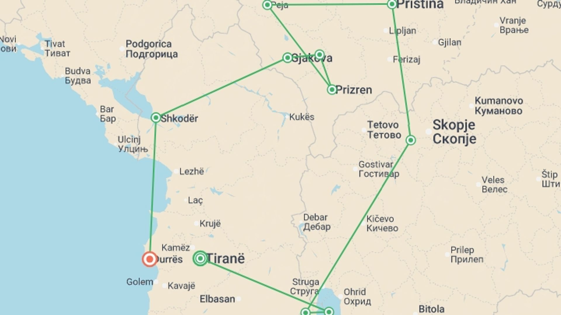 A map showing the tour itinerary for the trip: Undiscovered Balkans, starting in Tirana, Albania and ending in Durres, Albania going through 6 other destinations.