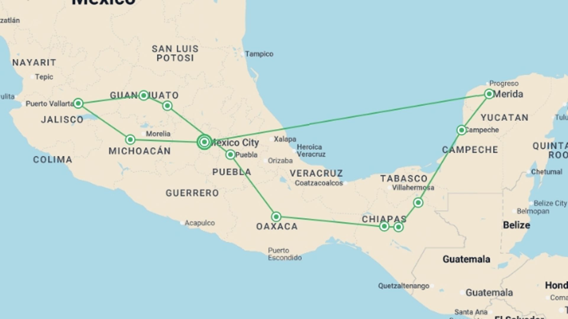 A map showing the tour itinerary for the trip: Unforgettable Mexico, starting in Mexico City, Mexico and ending in Mexico City, Mexico going through 8 other destinations.