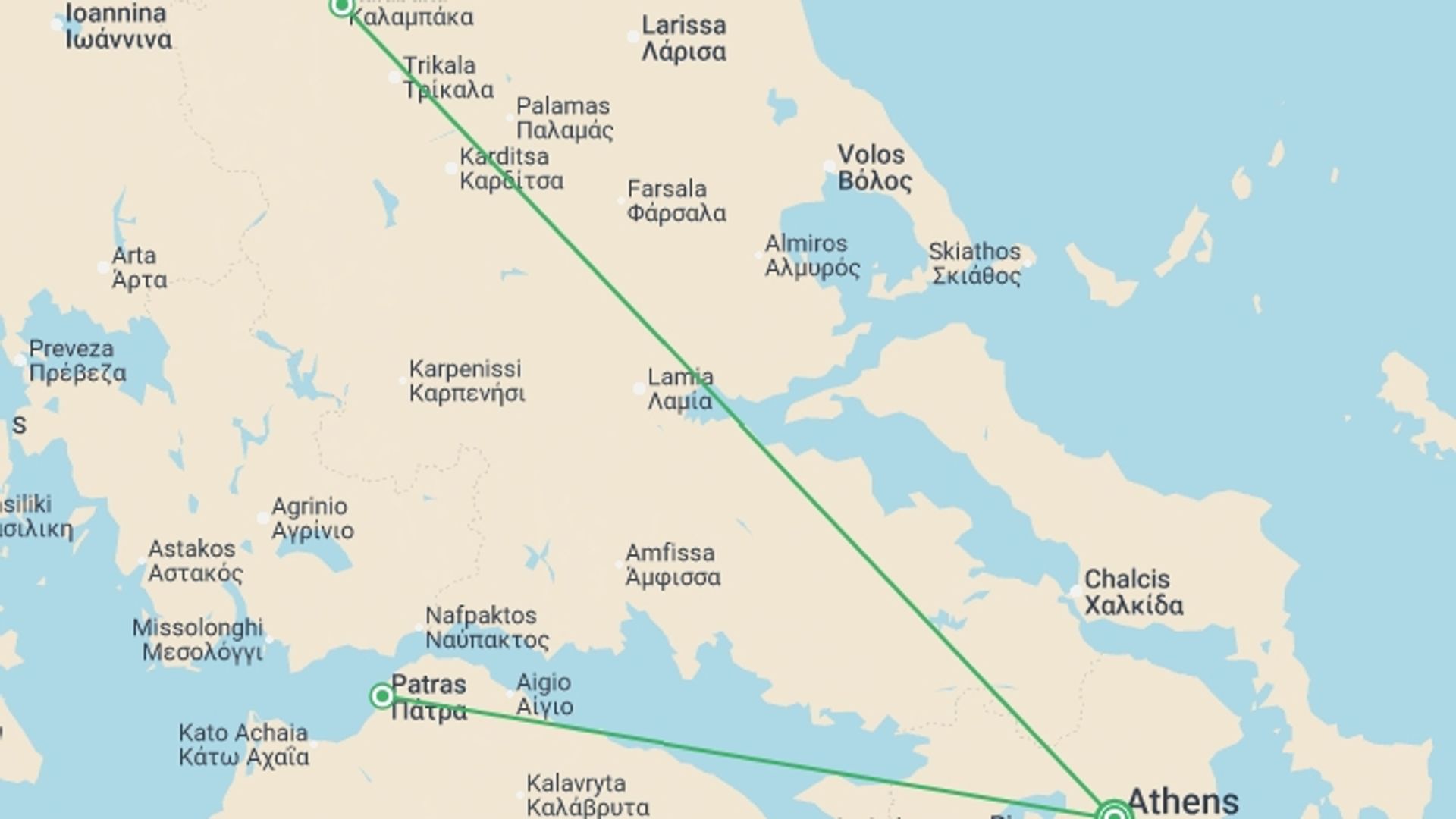 A map showing the tour itinerary for the trip: Unique Greece, starting in Athens, Greece and ending in Athens, Greece going through 1 other destinations.