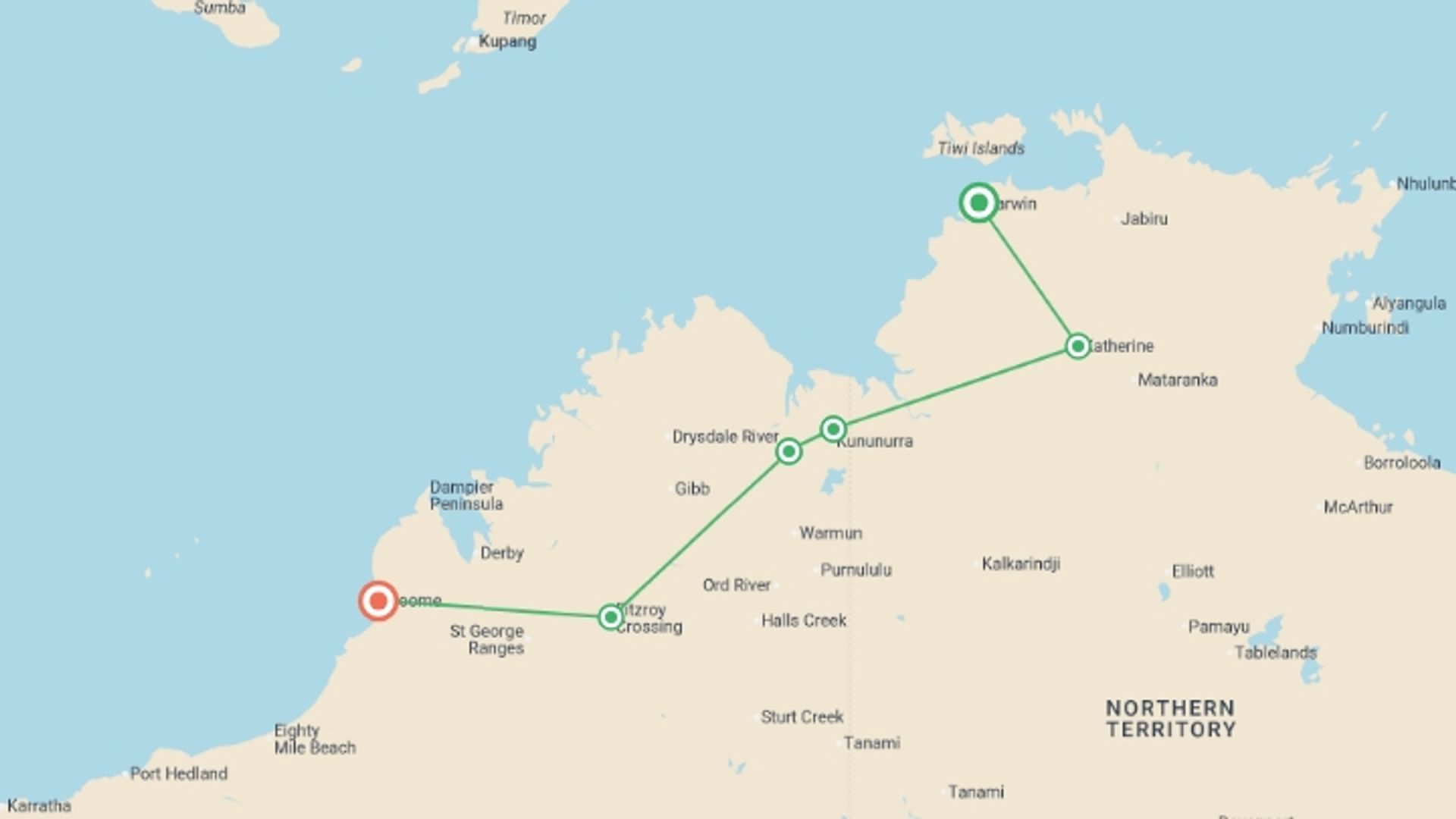 A map showing the tour itinerary for the trip: Untamed Kimberley, starting in Darwin, Australia and ending in Broome, Australia going through 4 other destinations.