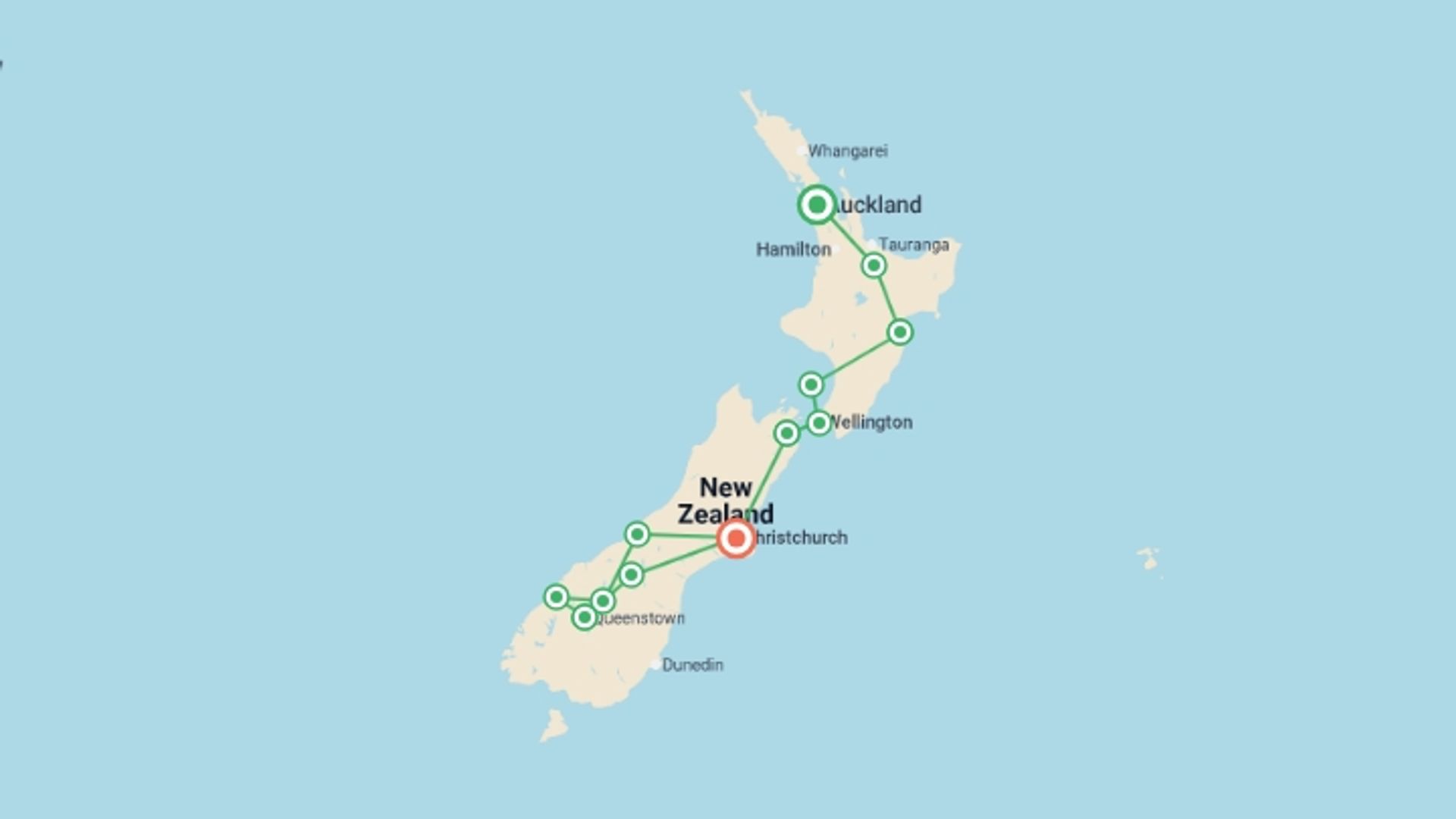 A map showing the tour itinerary for the trip: Untamed New Zealand, starting in Auckland, New Zealand and ending in Christchurch, New Zealand going through 9 other destinations.