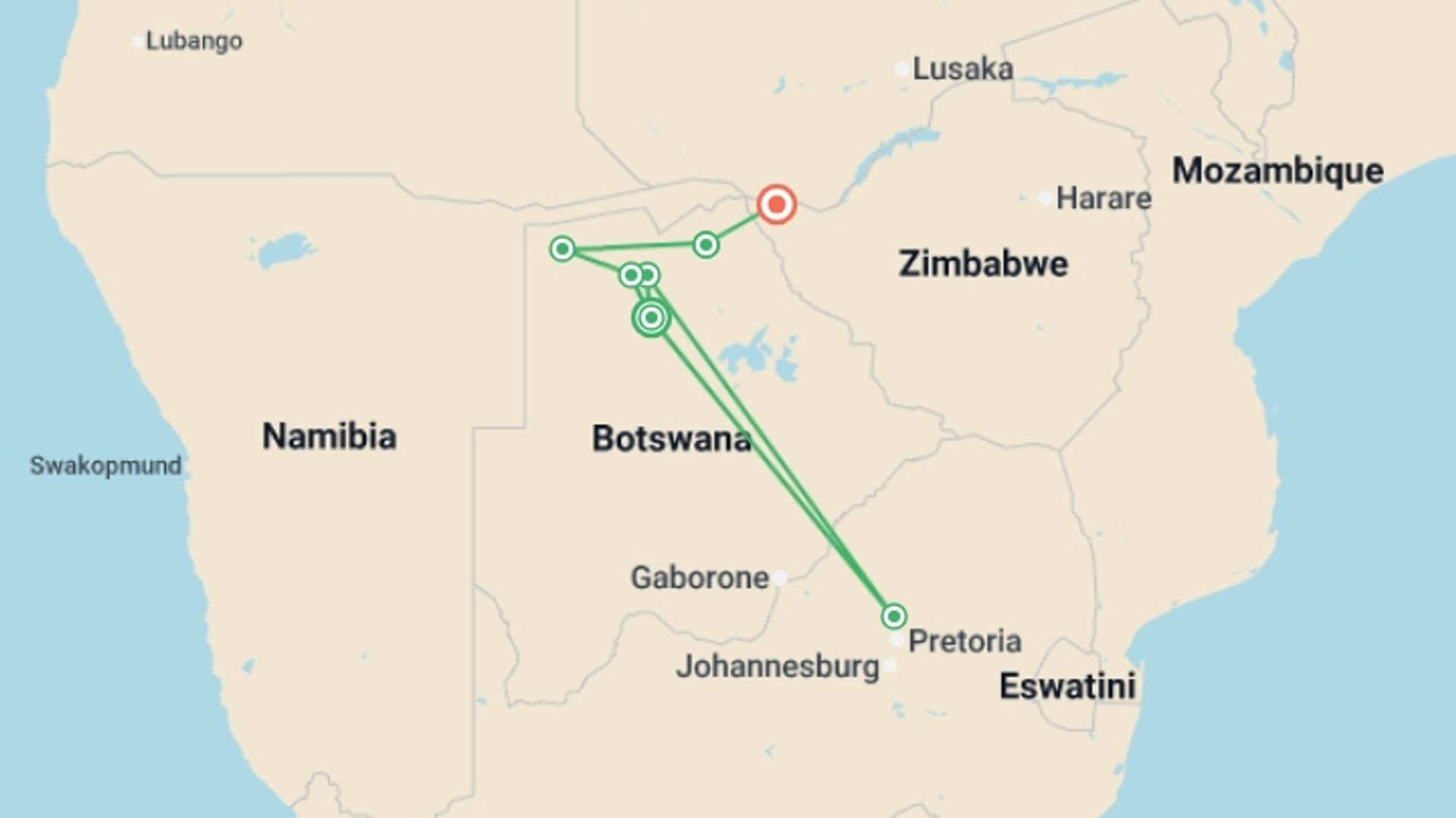 A map showing the tour itinerary for the trip: Upgraded - Botswana Wildlife Safari, starting in Maun, Botswana and ending in Victoria Falls, Zimbabwe going through 3 other destinations.