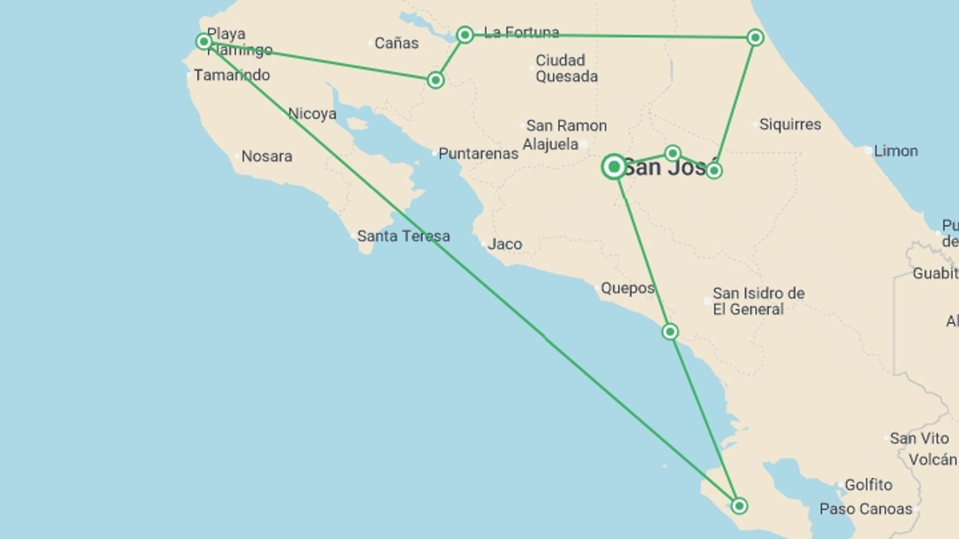 A map showing the tour itinerary for the trip: Upgraded - Costa Rica Wildlife, starting in San Jose, Costa Rica and ending in San Jose, Costa Rica going through 4 other destinations.