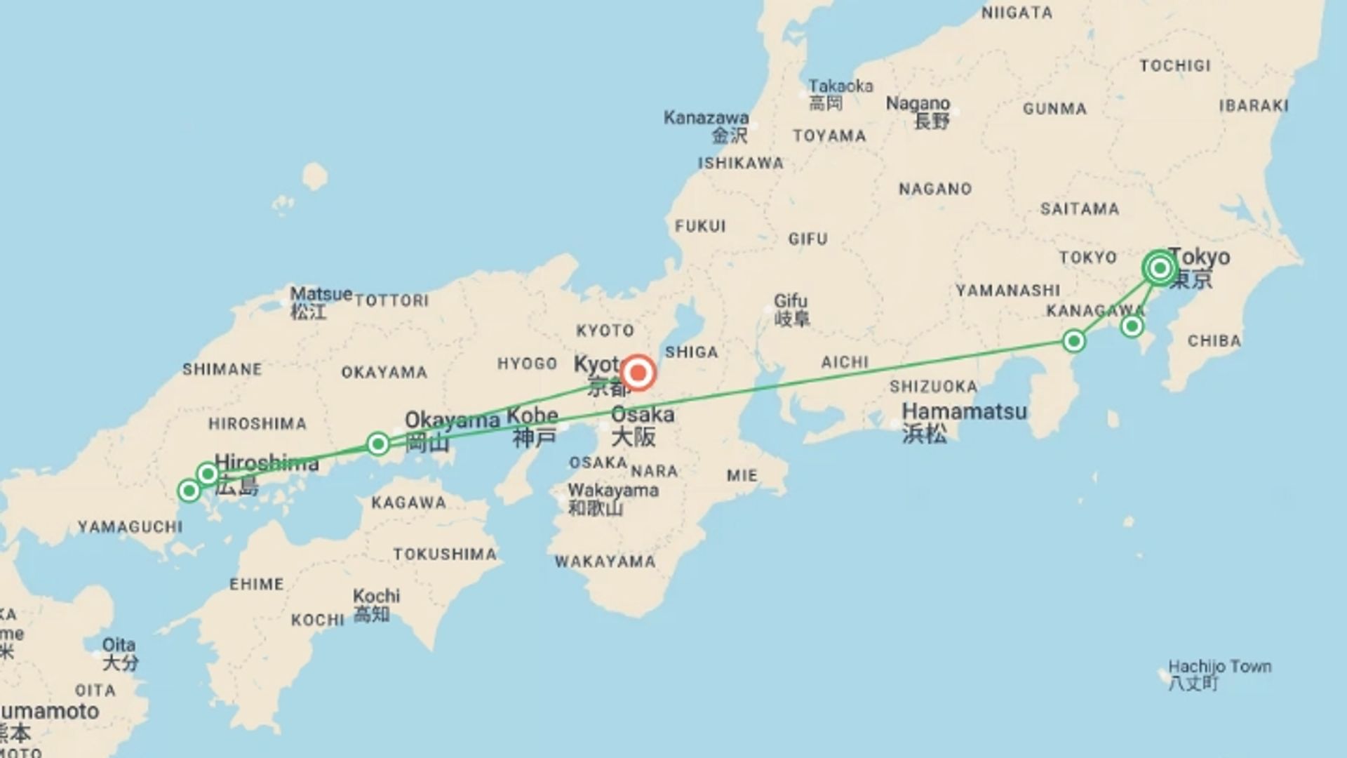 A map showing the tour itinerary for the trip: Upgraded - Discover Japan, starting in Tokyo, Japan and ending in Kyoto, Japan going through 5 other destinations.
