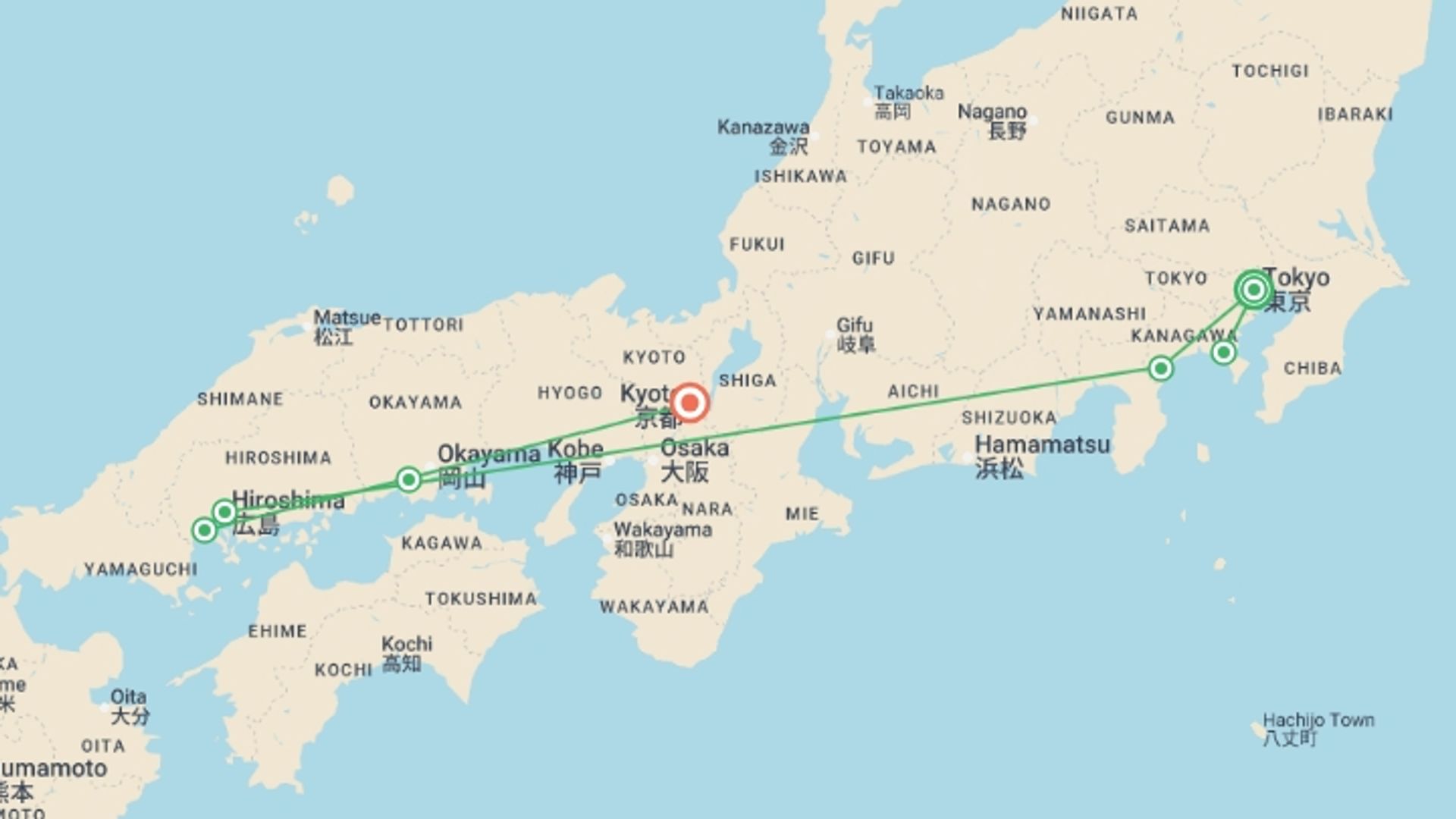 A map showing the tour itinerary for the trip: Upgraded - Discover Japan, starting in Tokyo, Japan and ending in Kyoto, Japan going through 5 other destinations.