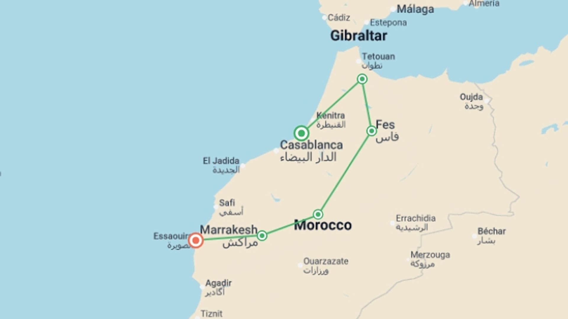 A map showing the tour itinerary for the trip: Upgraded - Discover Morocco and the Atlantic Coast, starting in Rabat, Morocco and ending in Essaouira, Morocco going through 4 other destinations.