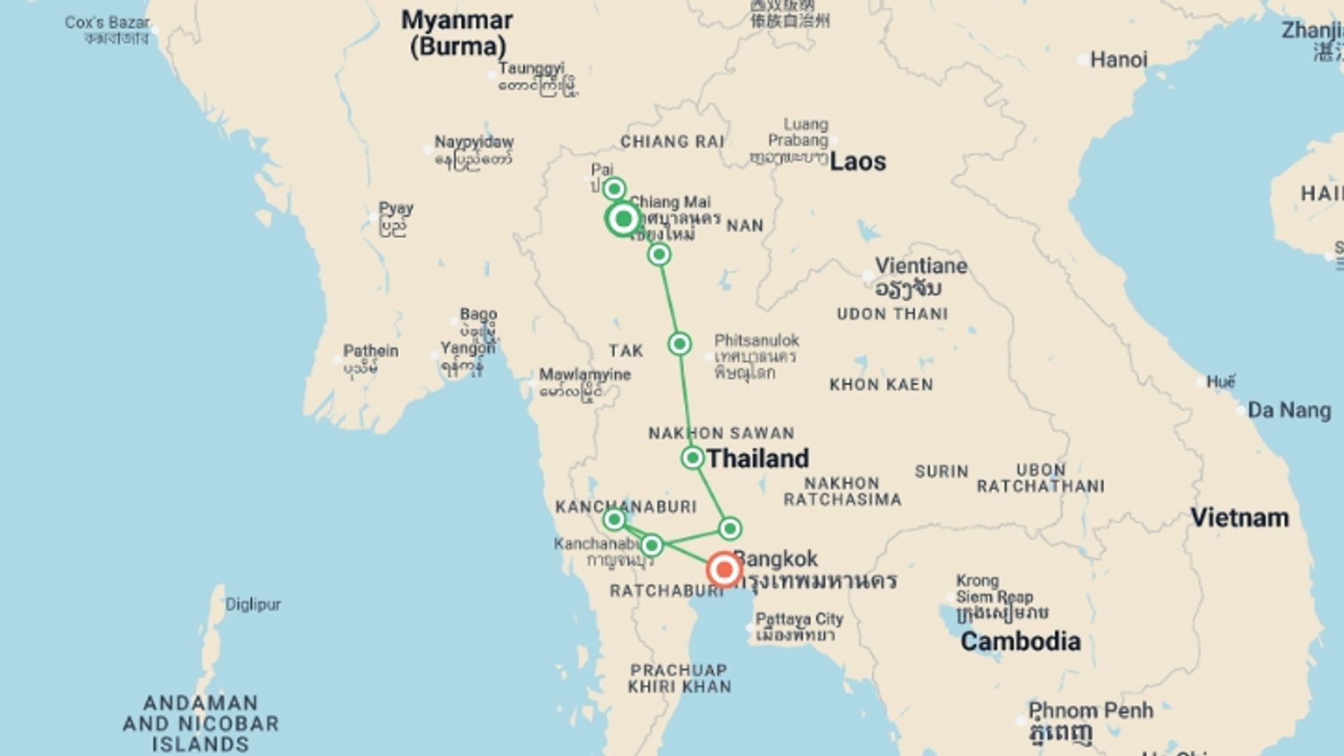 A map showing the tour itinerary for the trip: Upgraded - Discover Northern Thailand, starting in Chiang Mai, Thailand and ending in Bangkok, Thailand going through 4 other destinations.