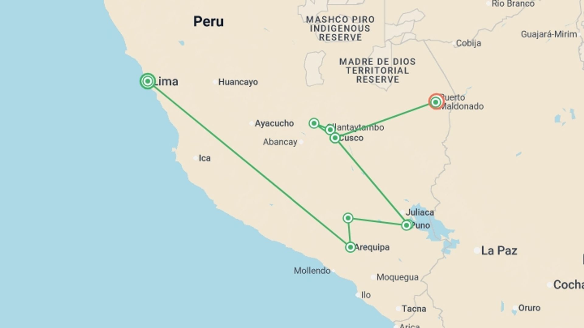 A map showing the tour itinerary for the trip: Upgraded - Discover Peru + the Amazon, starting in Lima, Peru and ending in Puerto Maldonado, Peru going through 8 other destinations.