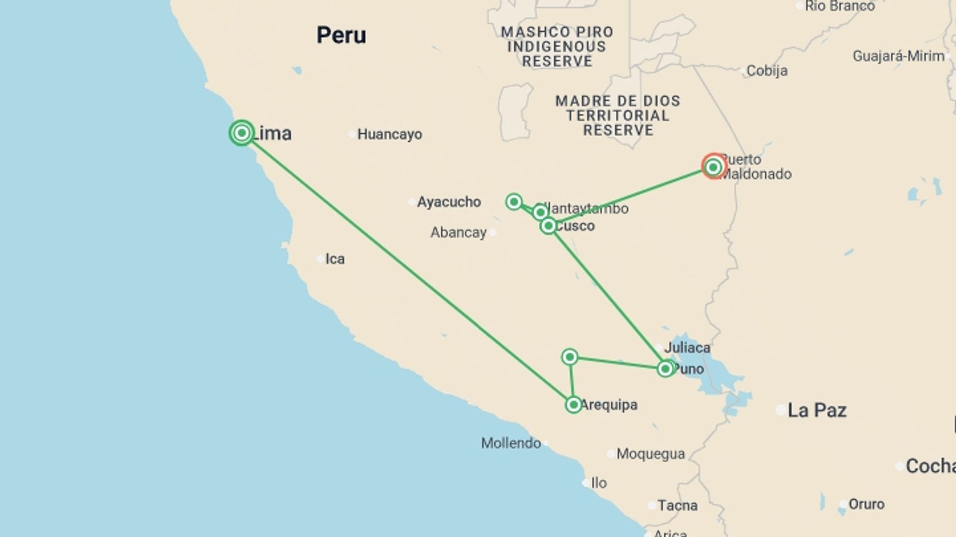 A map showing the tour itinerary for the trip: Upgraded - Discover Peru + the Amazon, starting in Lima, Peru and ending in Puerto Maldonado, Peru going through 8 other destinations.