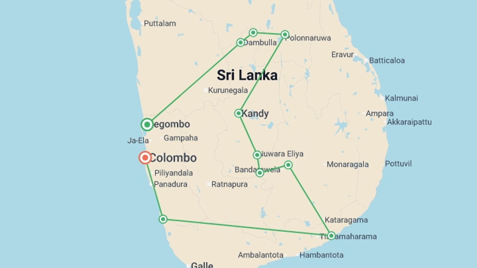 A map showing the tour itinerary for the trip: Upgraded - Discover Sri Lanka, starting in Negombo, Sri Lanka and ending in Colombo, Sri Lanka going through 8 other destinations.