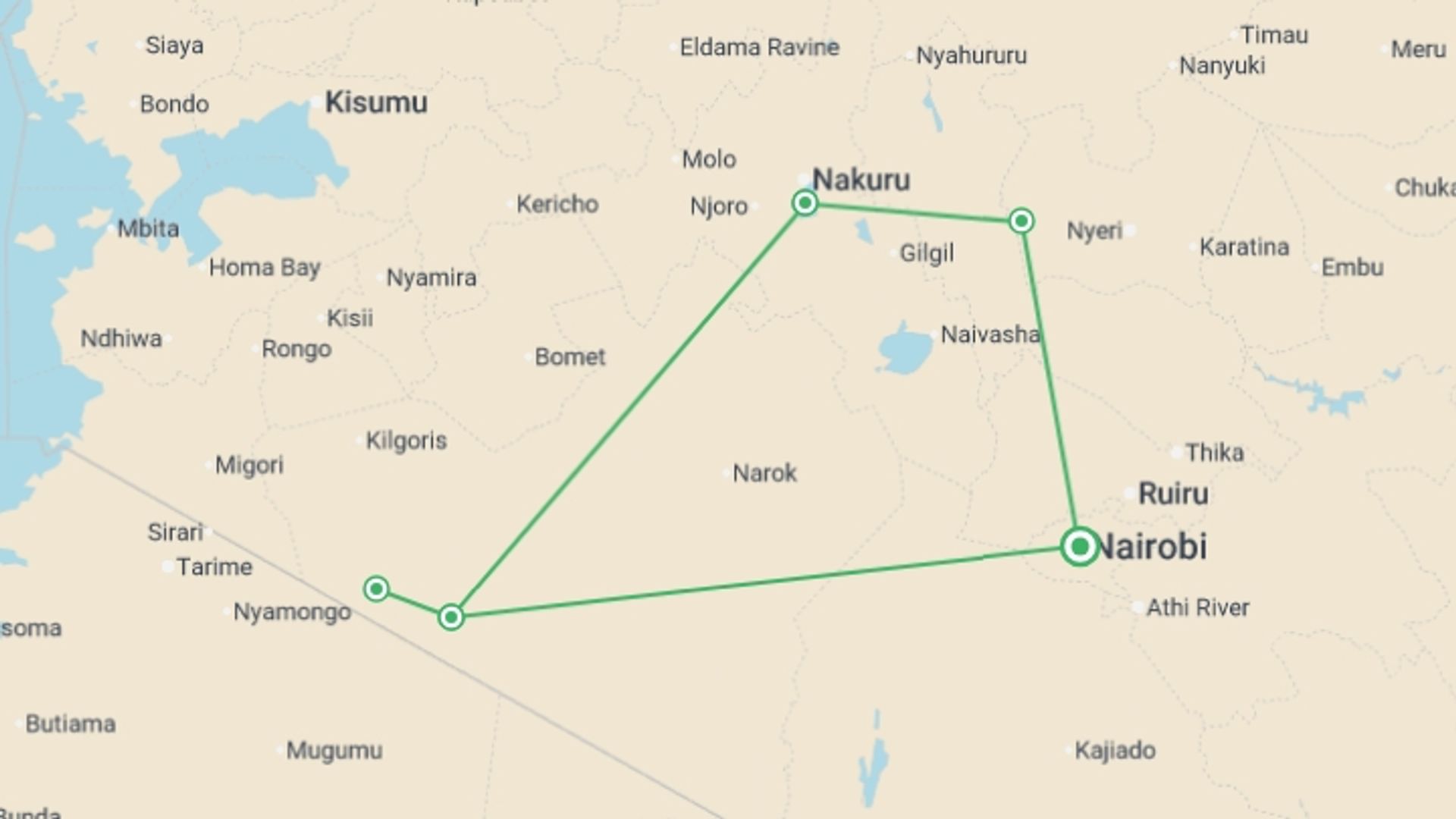 A map showing the tour itinerary for the trip: Upgraded - Highlights of Kenya, starting in Nairobi, Kenya and ending in Nairobi, Kenya going through 1 other destinations.