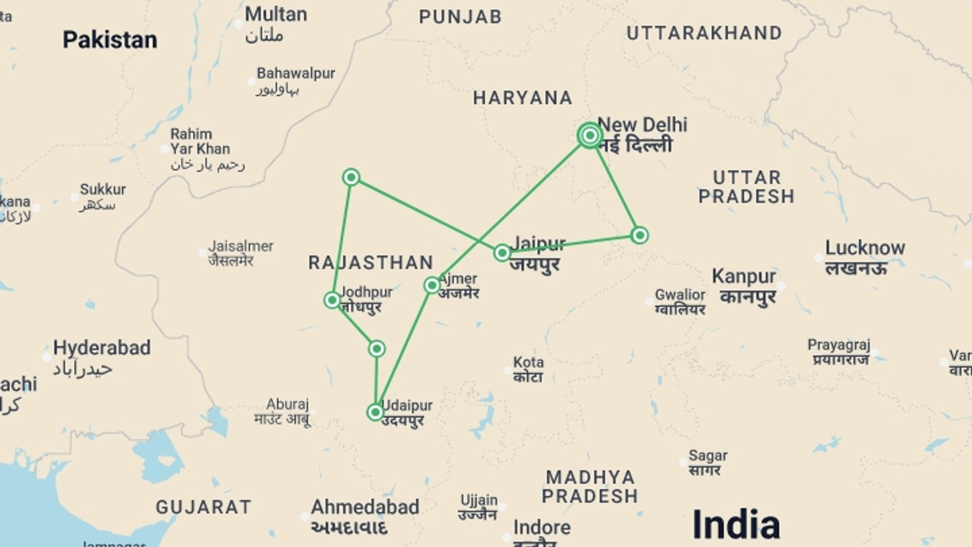 A map showing the tour itinerary for the trip: Upgraded - India: Forts + Palaces of Rajasthan, starting in New Delhi, India and ending in New Delhi, India going through 6 other destinations.
