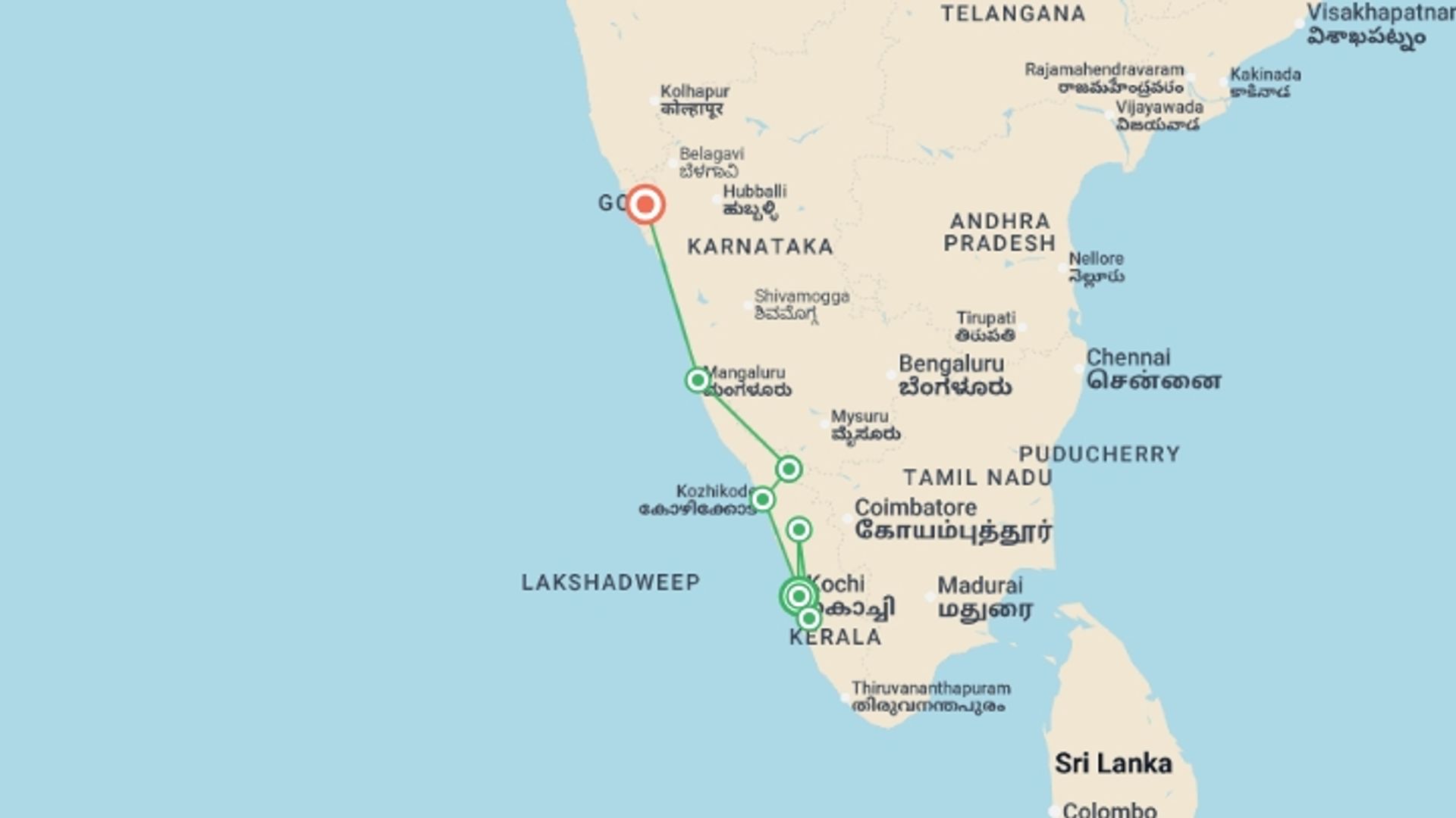 A map showing the tour itinerary for the trip: Upgraded - South India: Kerala to Goa, starting in India and ending in Goa, India going through 2 other destinations.
