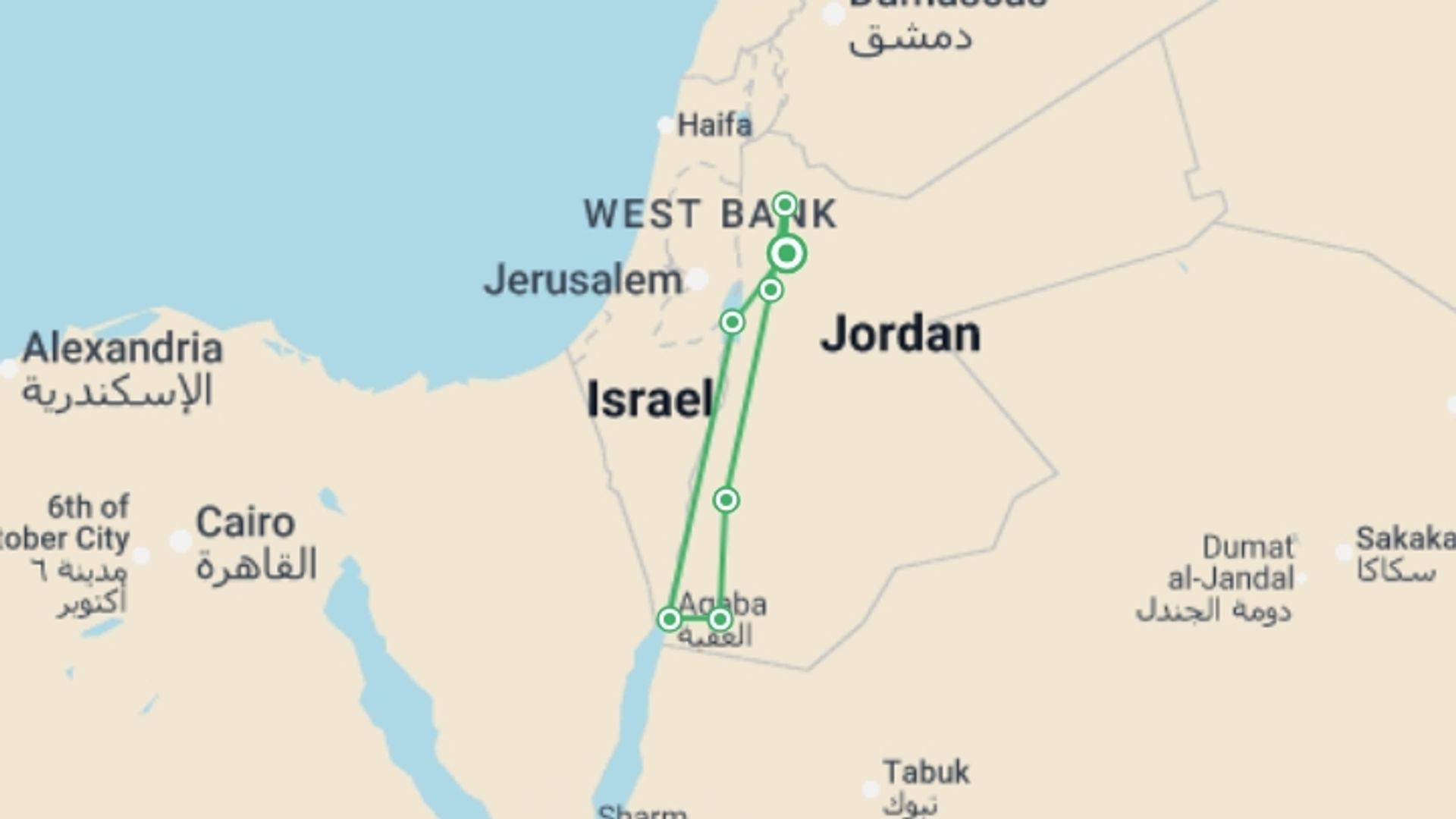 A map showing the tour itinerary for the trip: Upgraded - Treasures of Jordan, starting in Amman, Jordan and ending in Amman, Jordan going through 7 other destinations.