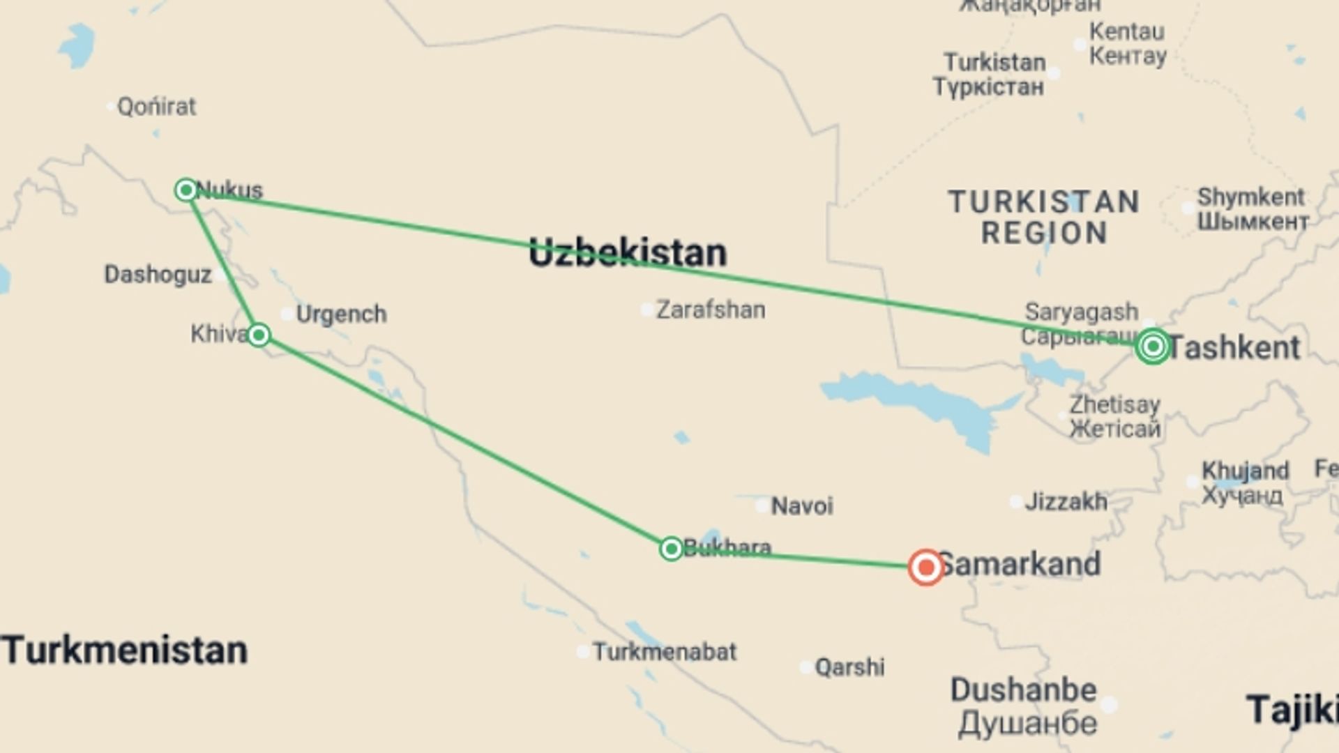 A map showing the tour itinerary for the trip: Upgraded - Treasures of Uzbekistan, starting in Tashkent, Uzbekistan and ending in Samarkand, Uzbekistan going through 3 other destinations.