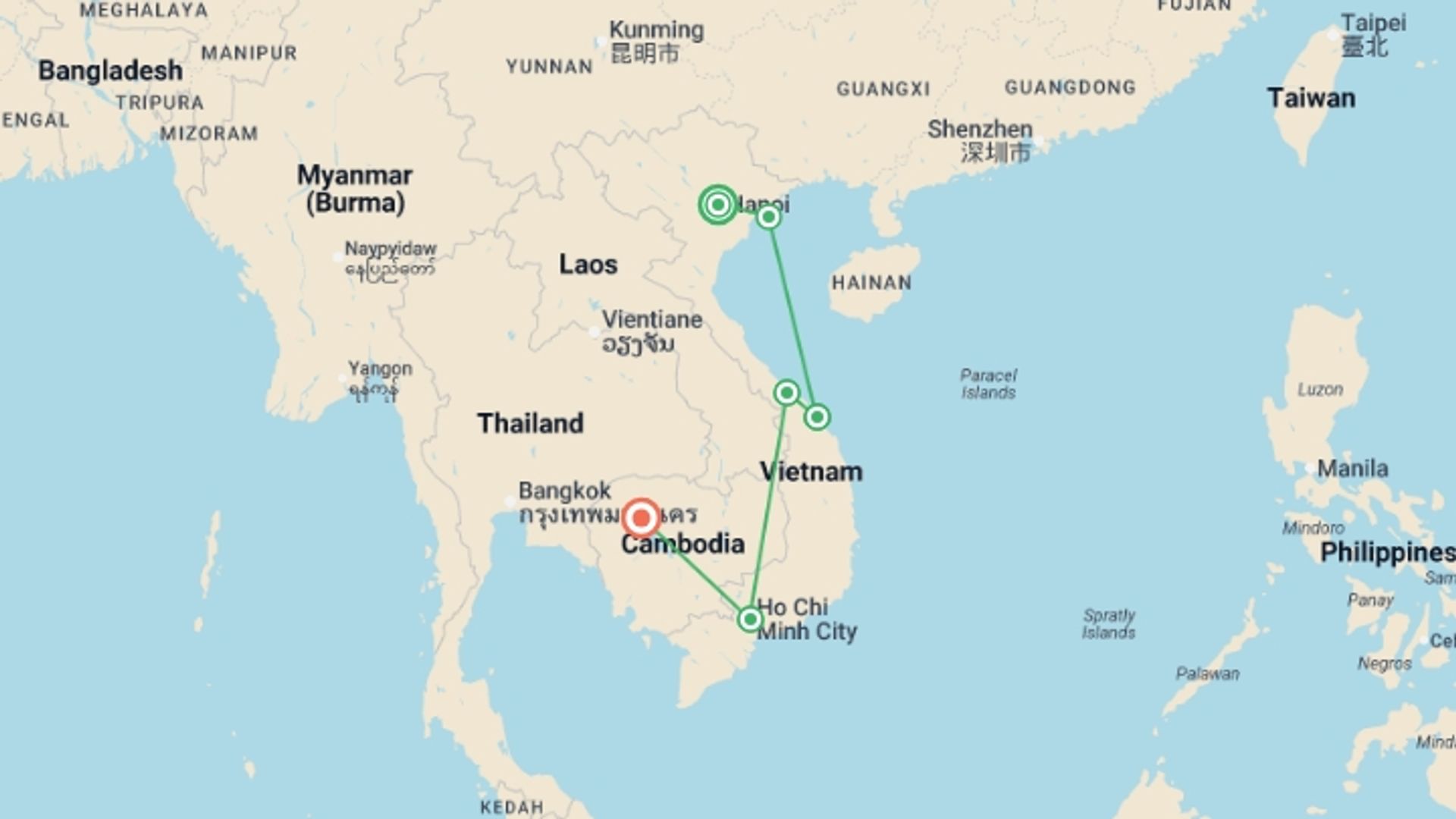 A map showing the tour itinerary for the trip: Upgraded - Vietnam and Angkor, starting in Hanoi, Vietnam and ending in Siem Reap, Cambodia going through 5 other destinations.