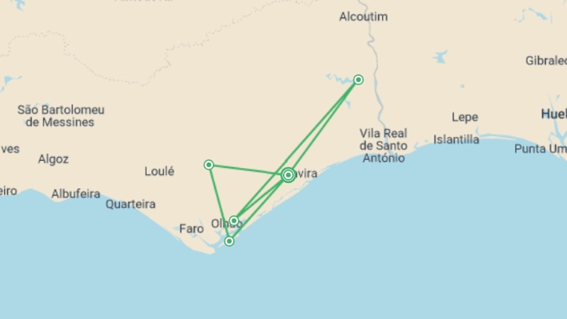 A map showing the tour itinerary for the trip: Upgraded - Walking in the Algarve, starting in Tavira, Portugal and ending in Tavira, Portugal going through 2 other destinations.