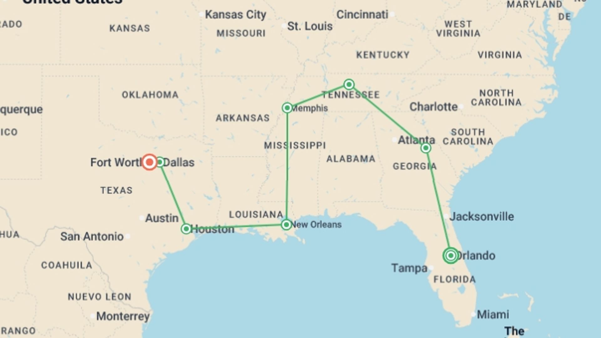 A map showing the tour itinerary for the trip: USA: Miami to Dallas Road Trip, starting in Miami, USA and ending in Fort Worth, USA going through 8 other destinations.