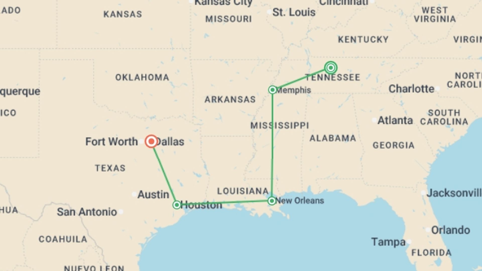A map showing the tour itinerary for the trip: USA: Nashville to Dallas Road Trip, starting in Nashville, USA and ending in Fort Worth, USA going through 6 other destinations.