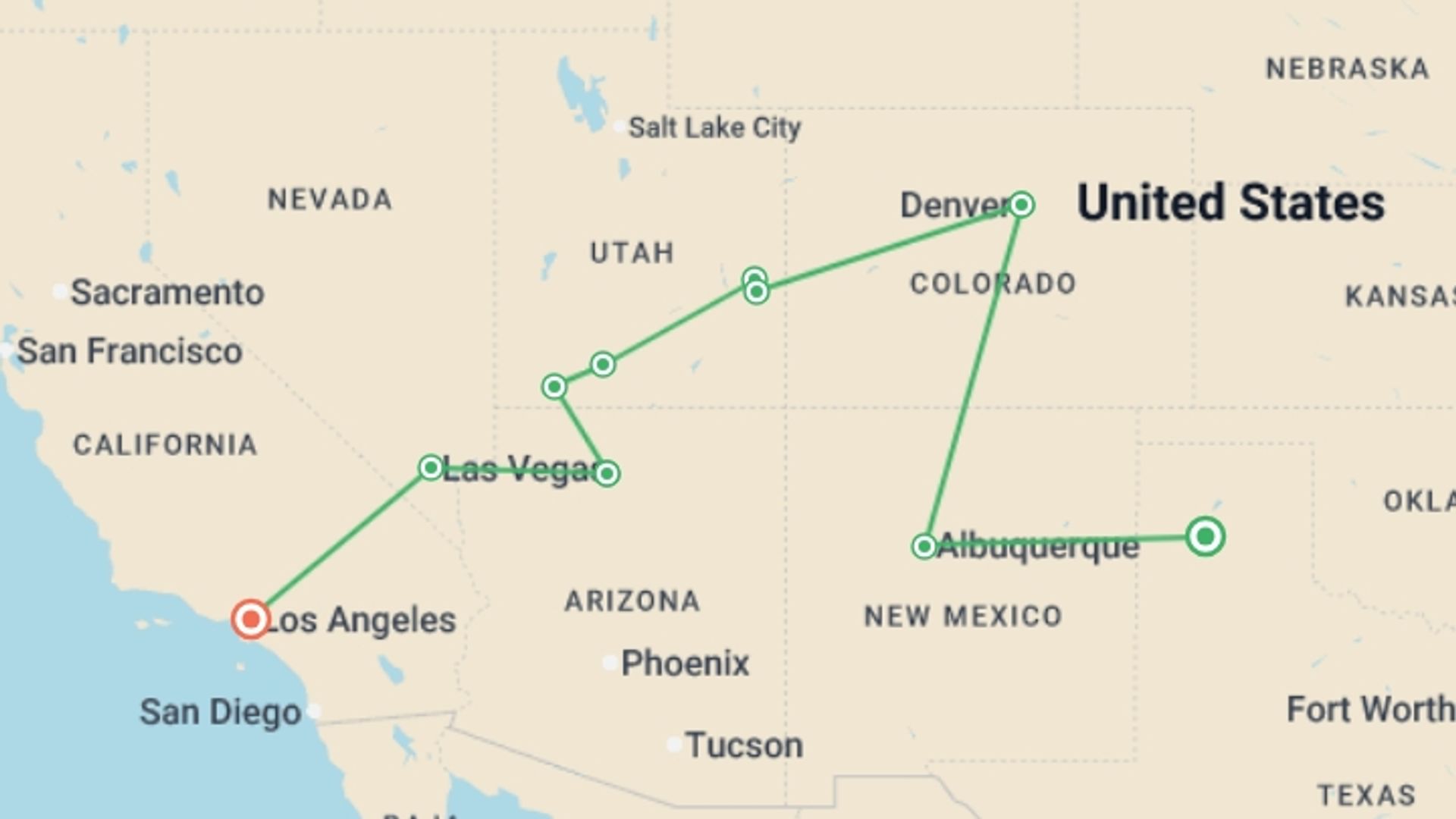 A map showing the tour itinerary for the trip: USA: National Parks Road Trip, starting in Fort Worth, USA and ending in Los Angeles, USA going through 8 other destinations.