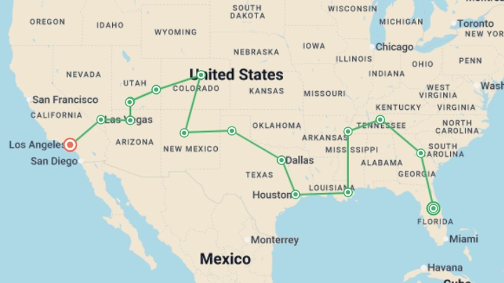 A map showing the tour itinerary for the trip: USA Road Trip: Start Miami, starting in Miami, USA and ending in Los Angeles, USA going through 13 other destinations.