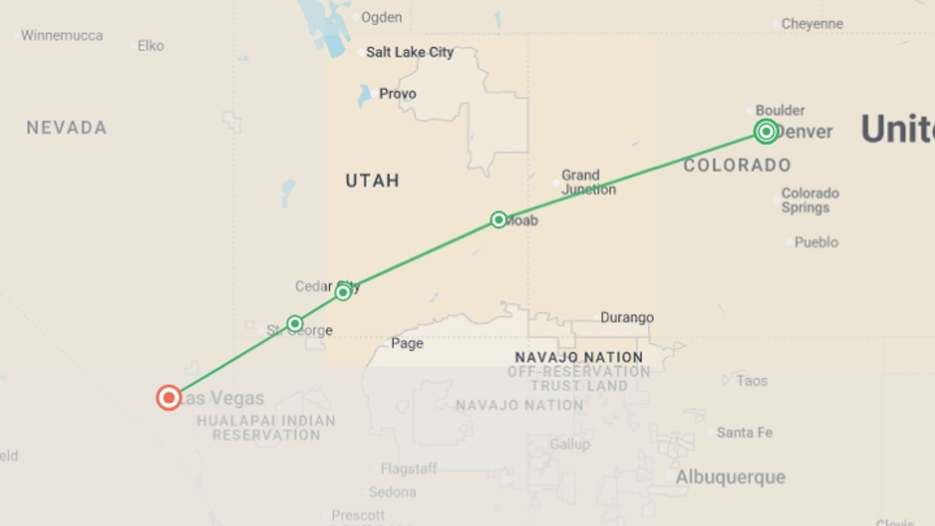 A map showing the tour itinerary for the trip: Utah's Mighty Five, starting in Denver, USA and ending in Las Vegas, USA going through 3 other destinations.