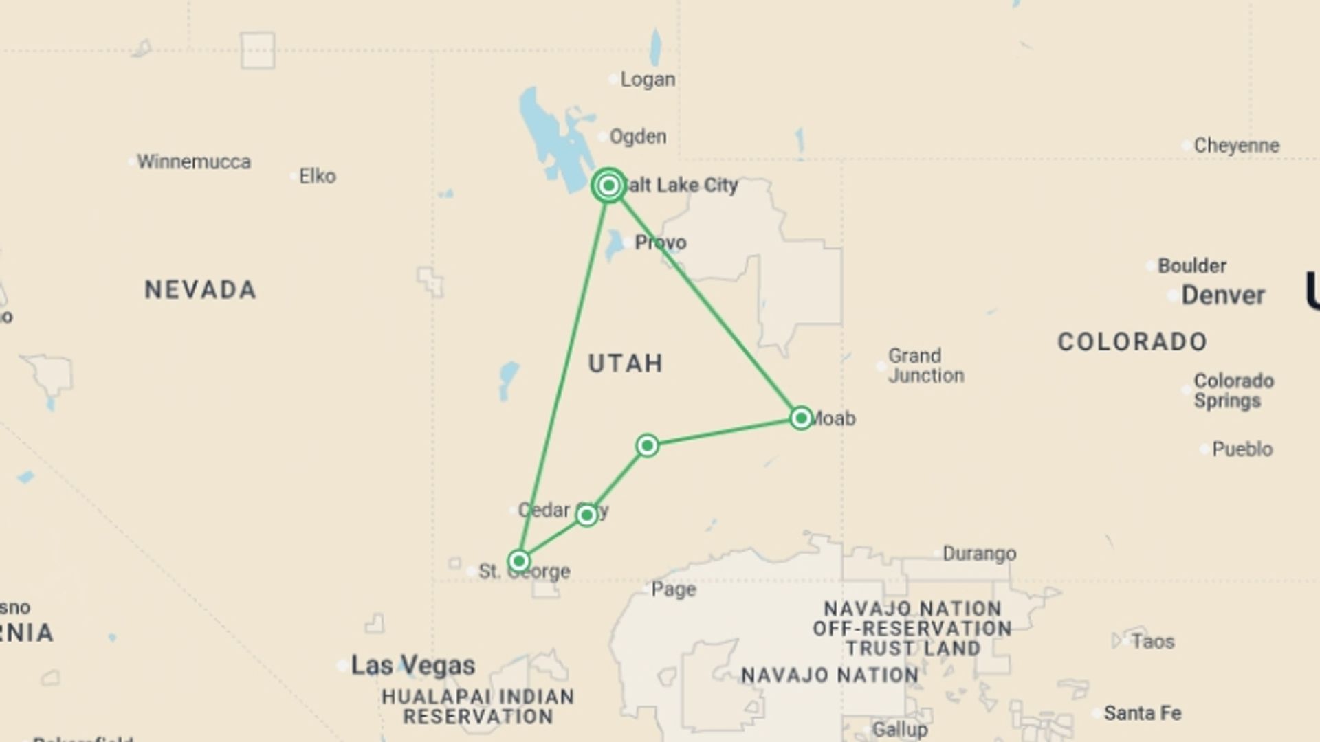A map showing the tour itinerary for the trip: Utah's Mighty Five From Salt Lake City - 8 days, starting in Salt Lake City, USA and ending in Salt Lake City, USA going through 1 other destinations.